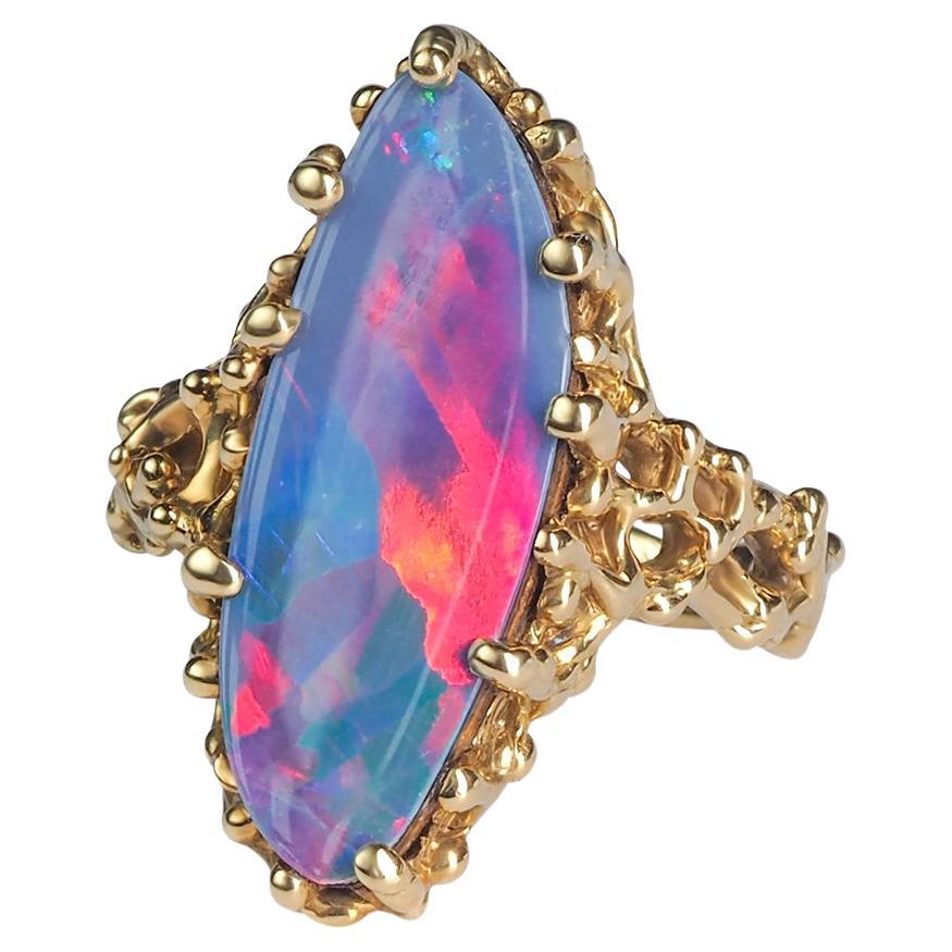 Opal Goldring Polychromer Edelstein Natürlicher Harlekin Opal Unisex