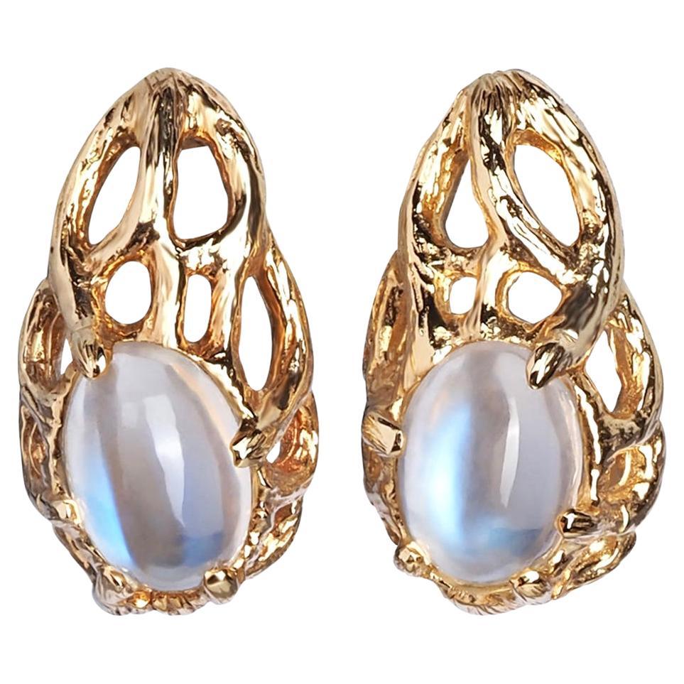 Moonstone Gold Earrings Studs Contemporary Style Magic Tree Collection For Sale