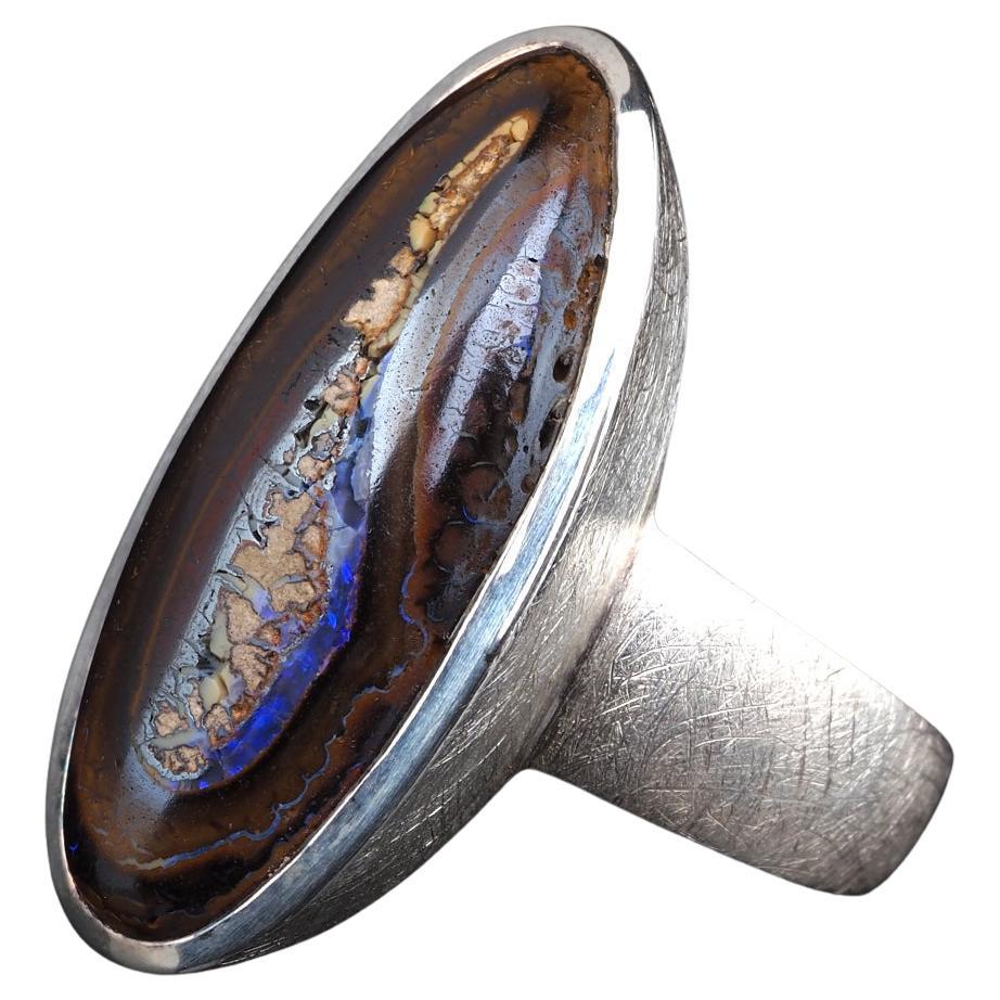 Large Boulder Opal Ring silver Natural Australian Woody Musk Dark Brown Gemstone