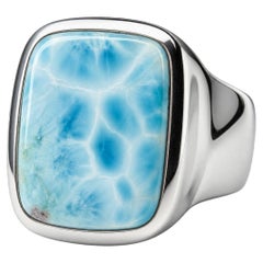 Large Larimar Silver Ring Opaque Patterned Sky Blue Natural Dominican Gemstone U
