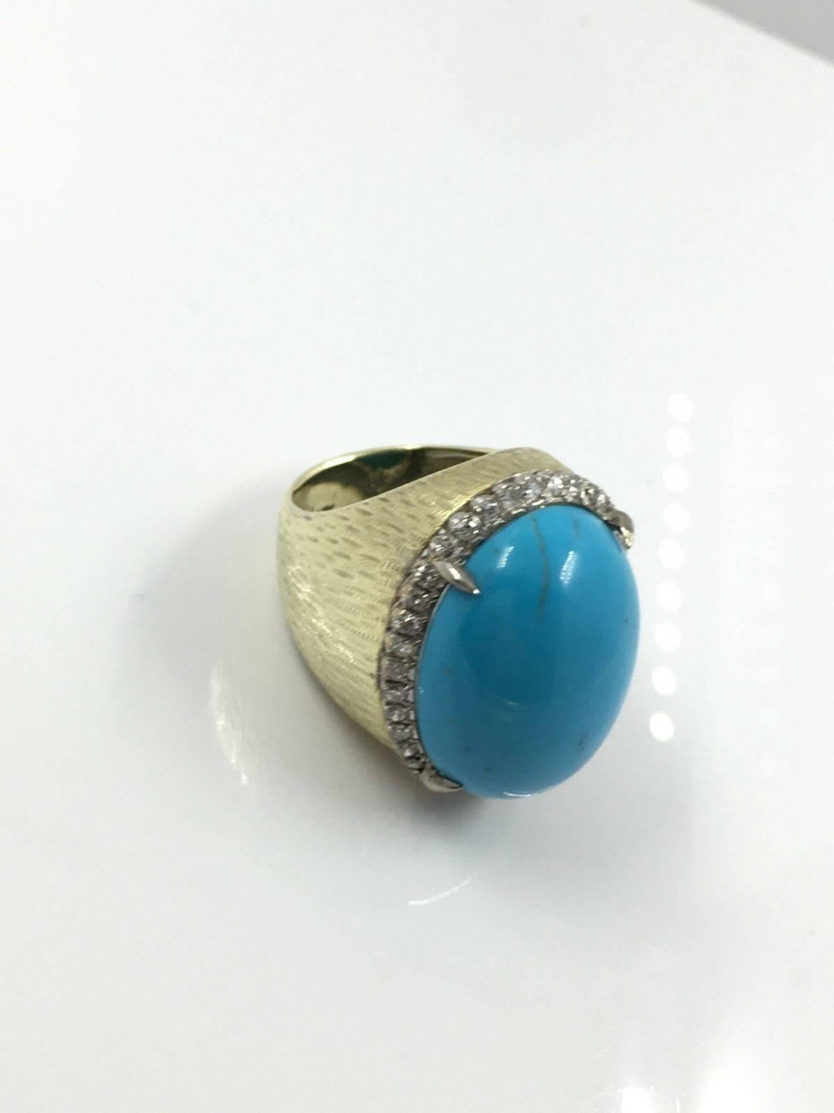Women's Huge 42 Carat Persian Turquoise Diamond Gold Ring 