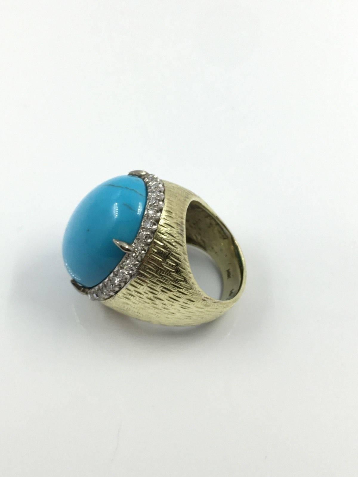 Huge 42 Carat Persian Turquoise Diamond Gold Ring  In Excellent Condition In Miami, FL