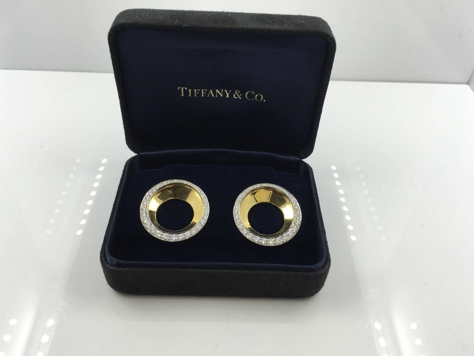Tiffany & Co. Angela Cummings Diamond Platinum Gold Round Spiral Earrings In Excellent Condition In Miami, FL