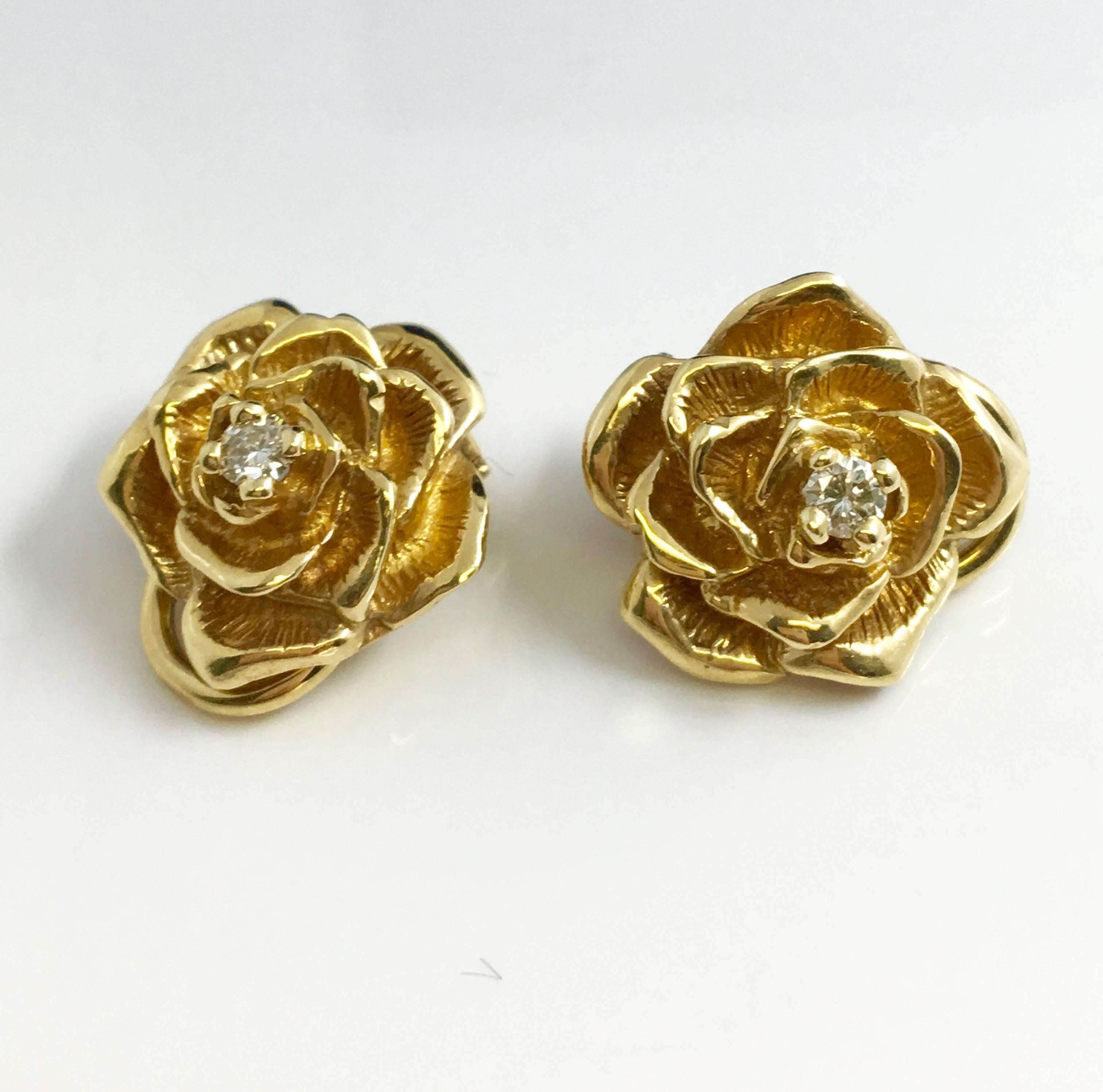 Women's Tiffany & Co. Yellow Gold Rose Flower Earrings w/ Diamonds  Vintage