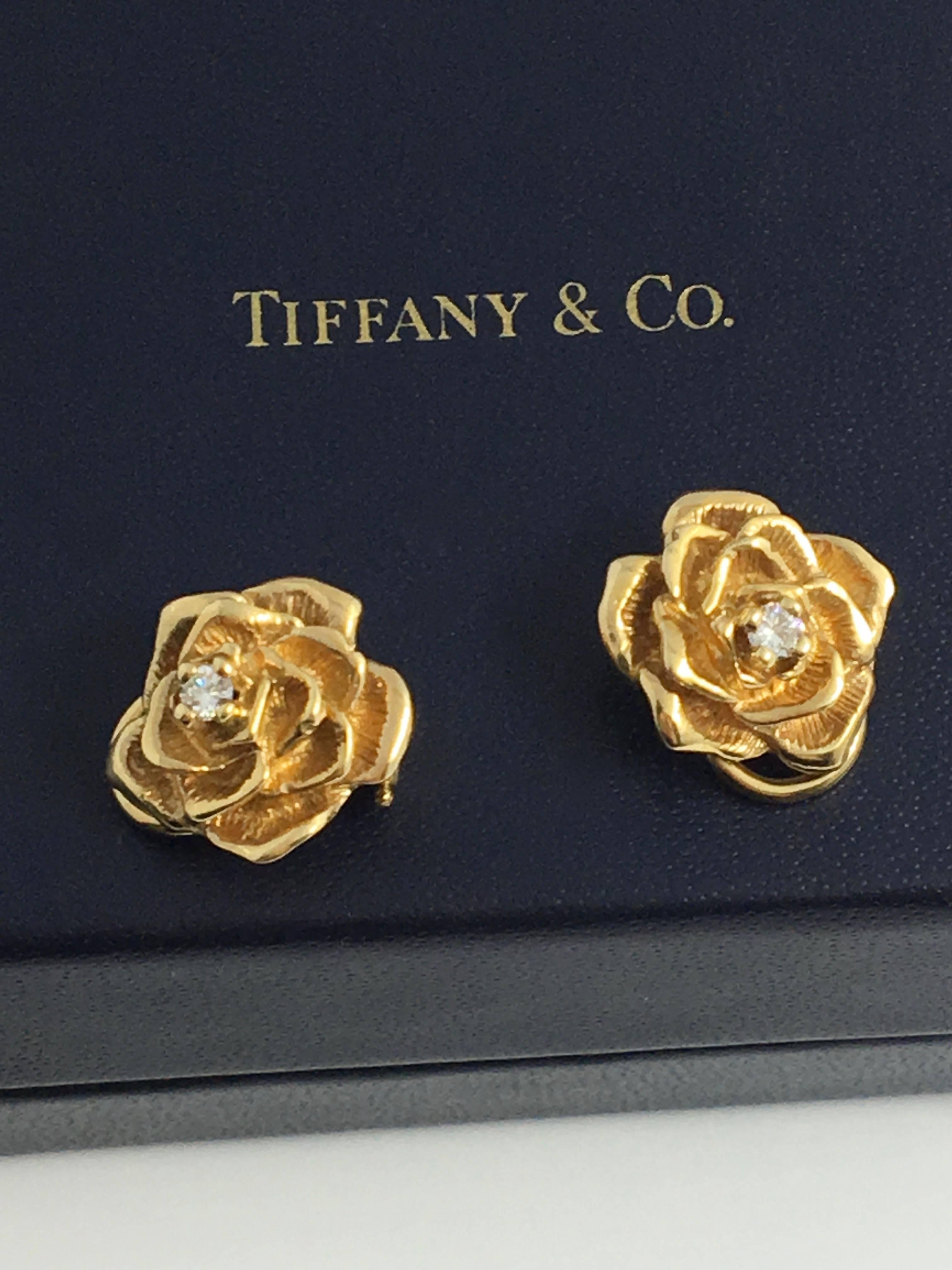 Tiffany & Co. Yellow Gold Rose Flower Earrings w/ Diamonds  Vintage 3