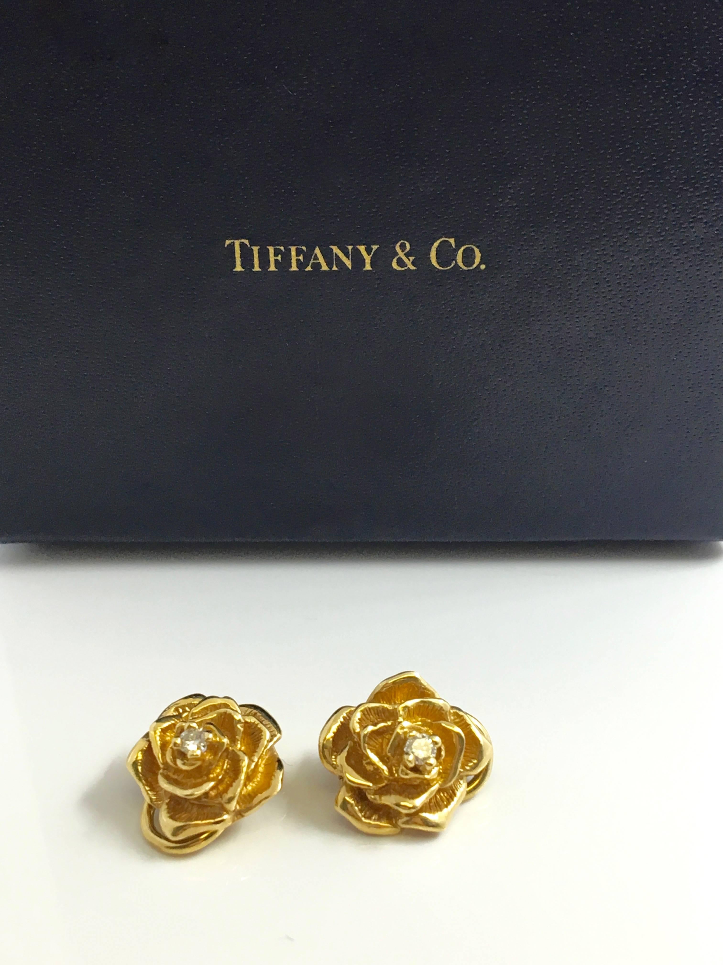 Tiffany & Co. Yellow Gold Rose Flower Earrings w/ Diamonds  Vintage 4