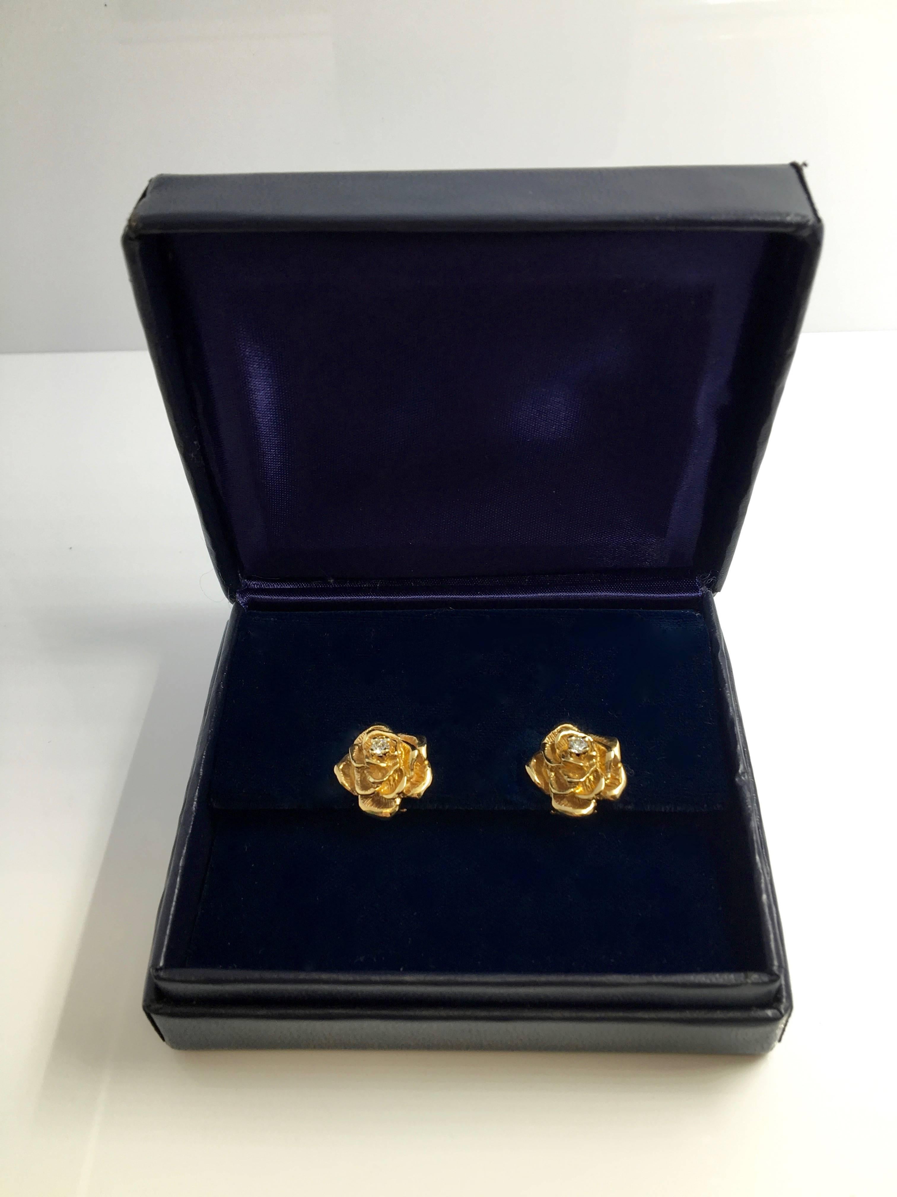 Tiffany & Co. Yellow Gold Rose Flower Earrings w/ Diamonds  Vintage 5