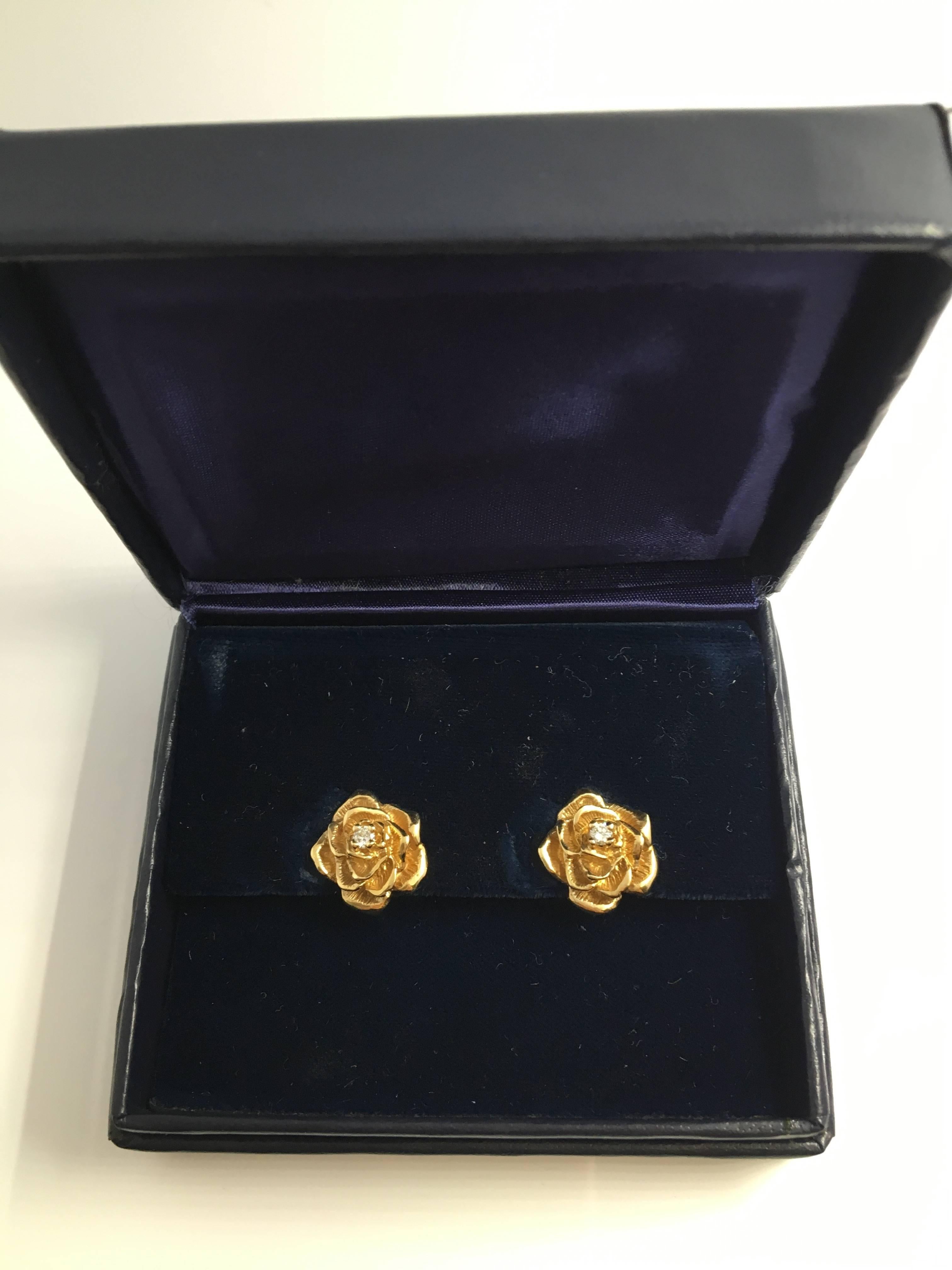 Tiffany & Co. Yellow Gold Rose Flower Earrings w/ Diamonds  Vintage 6