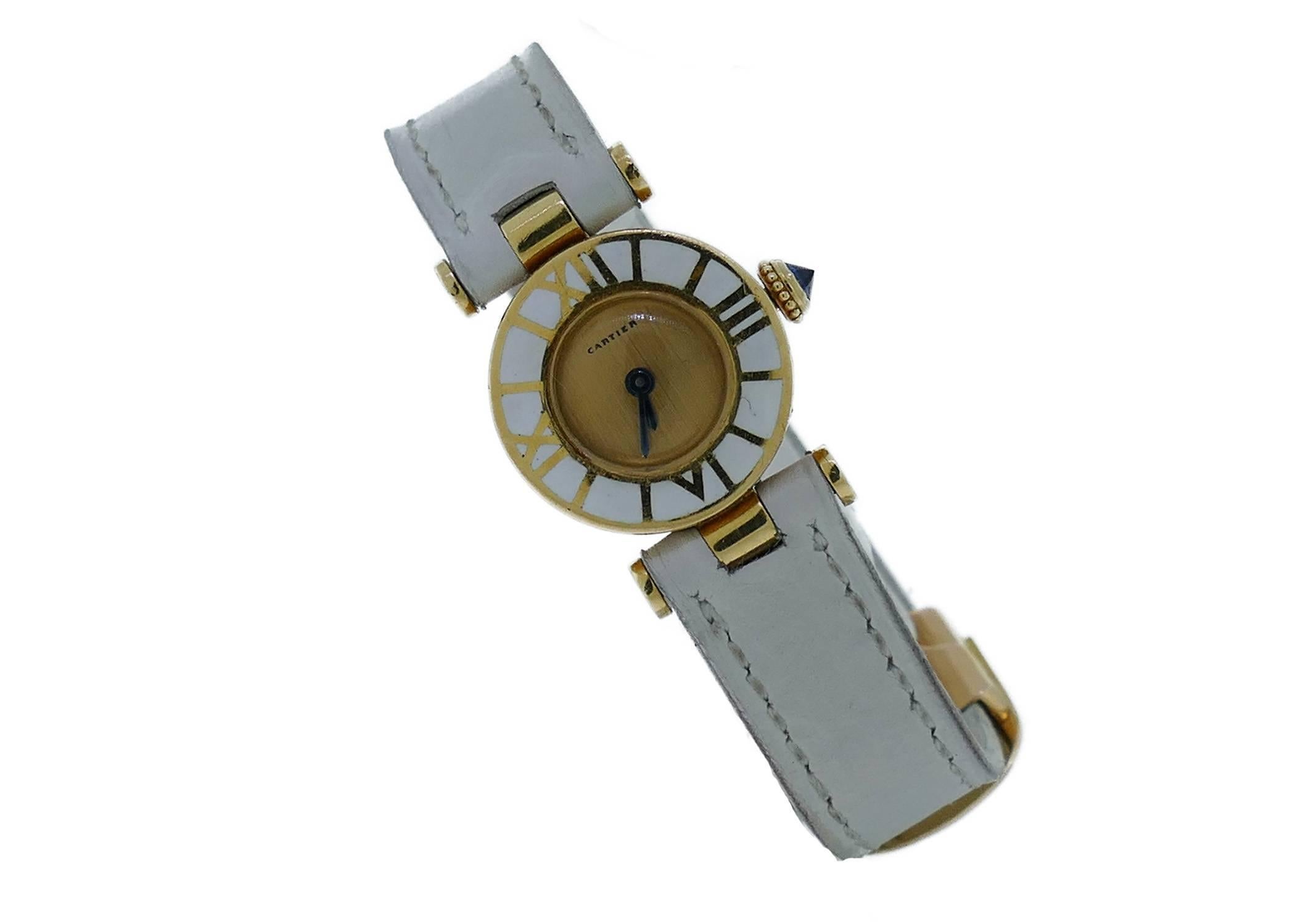 Vintage Ladies Cartier 18k Yellow Gold Enamel Watch In Excellent Condition In Miami, FL