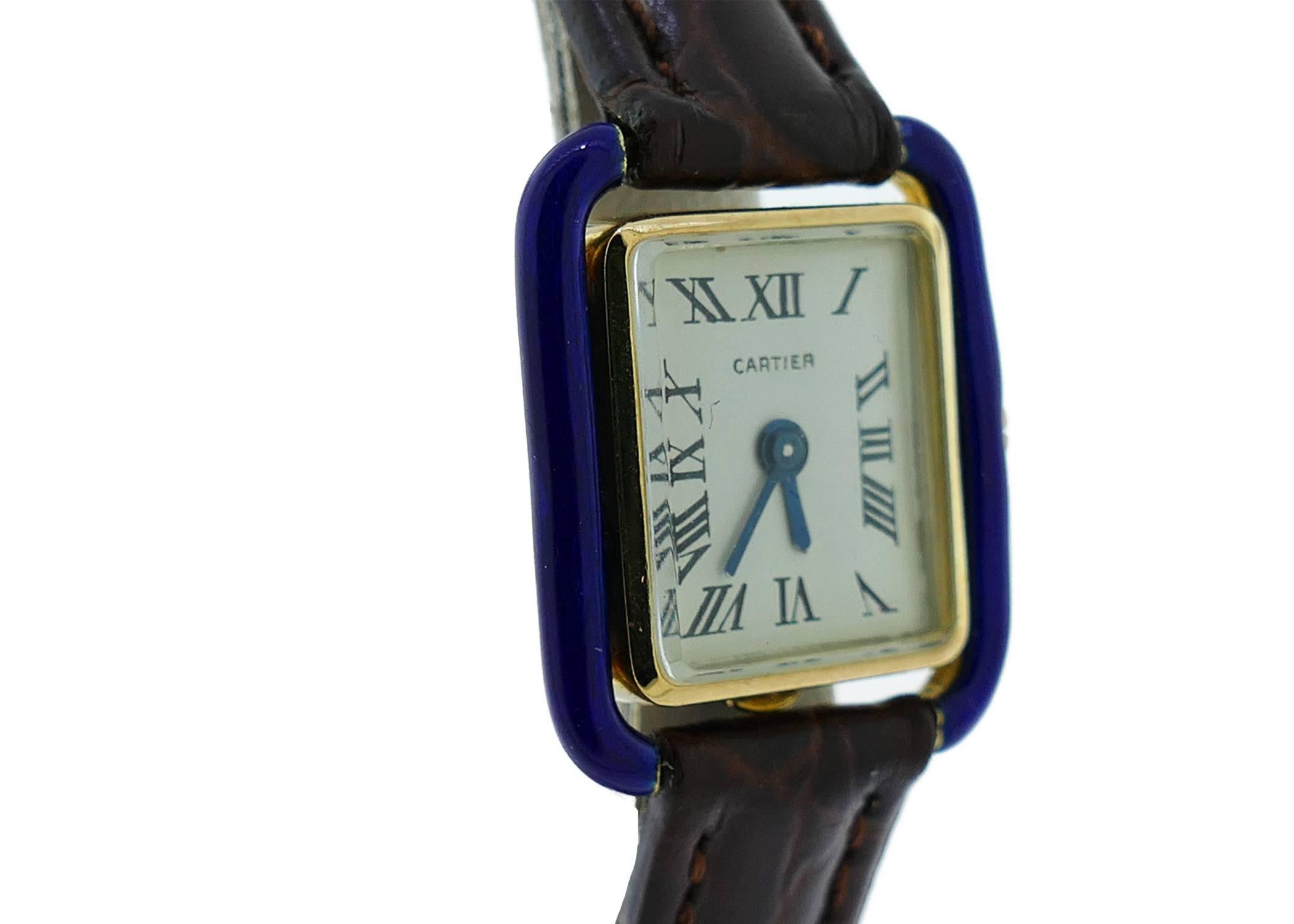 Vintage Early Cartier Ladies Rectangular 18k Yellow Gold Watch w/ Blue Enamel 2
