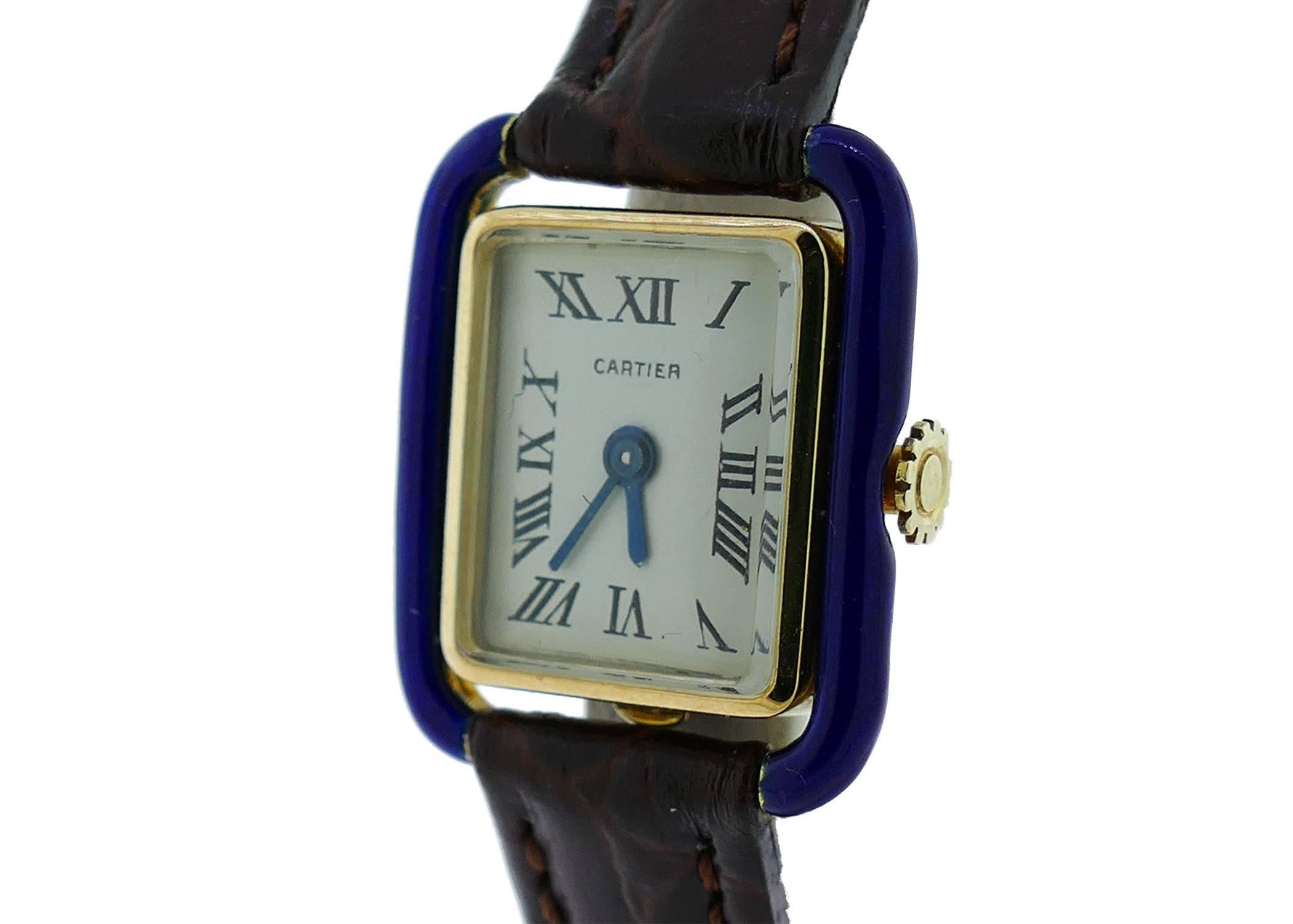 Vintage Early Cartier Ladies Rectangular 18k Yellow Gold Watch w/ Blue Enamel 1