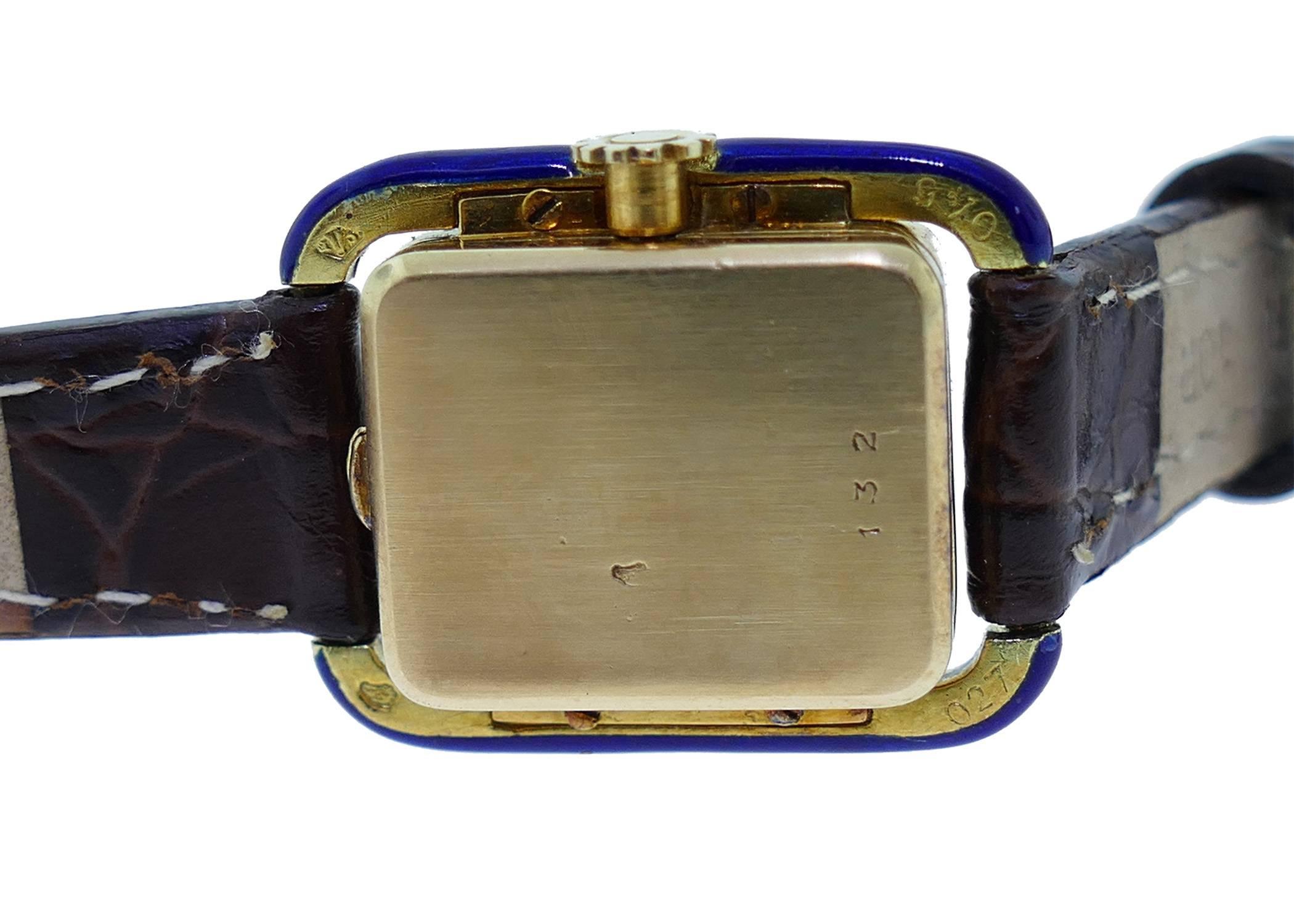 Vintage Early Cartier Ladies Rectangular 18k Yellow Gold Watch w/ Blue Enamel 4