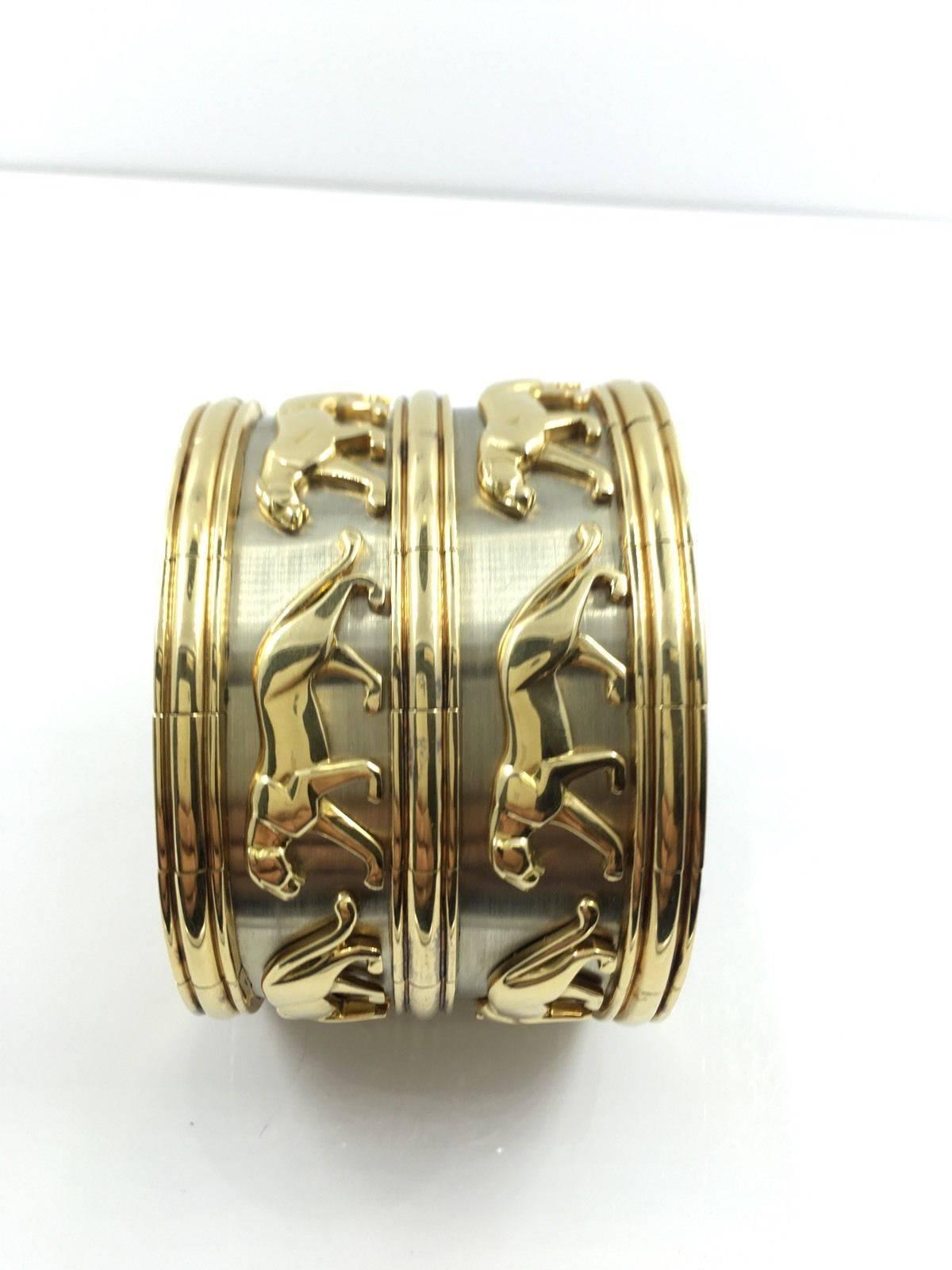Women's or Men's Cartier Large Two Row Walking Panther Two Color Gold Bangle Bracelet