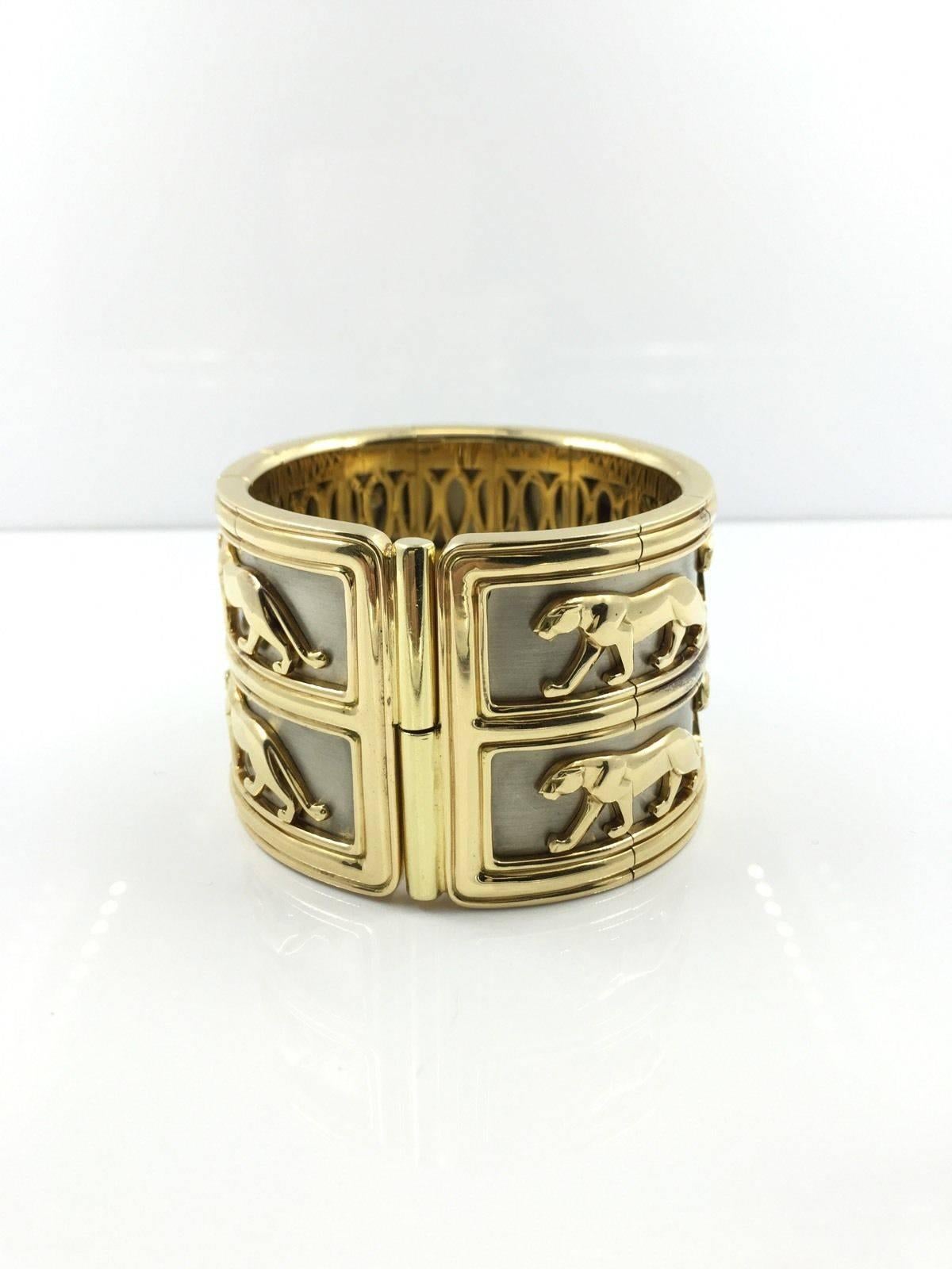 Cartier Large Two Row Walking Panther Two Color Gold Bangle Bracelet 1