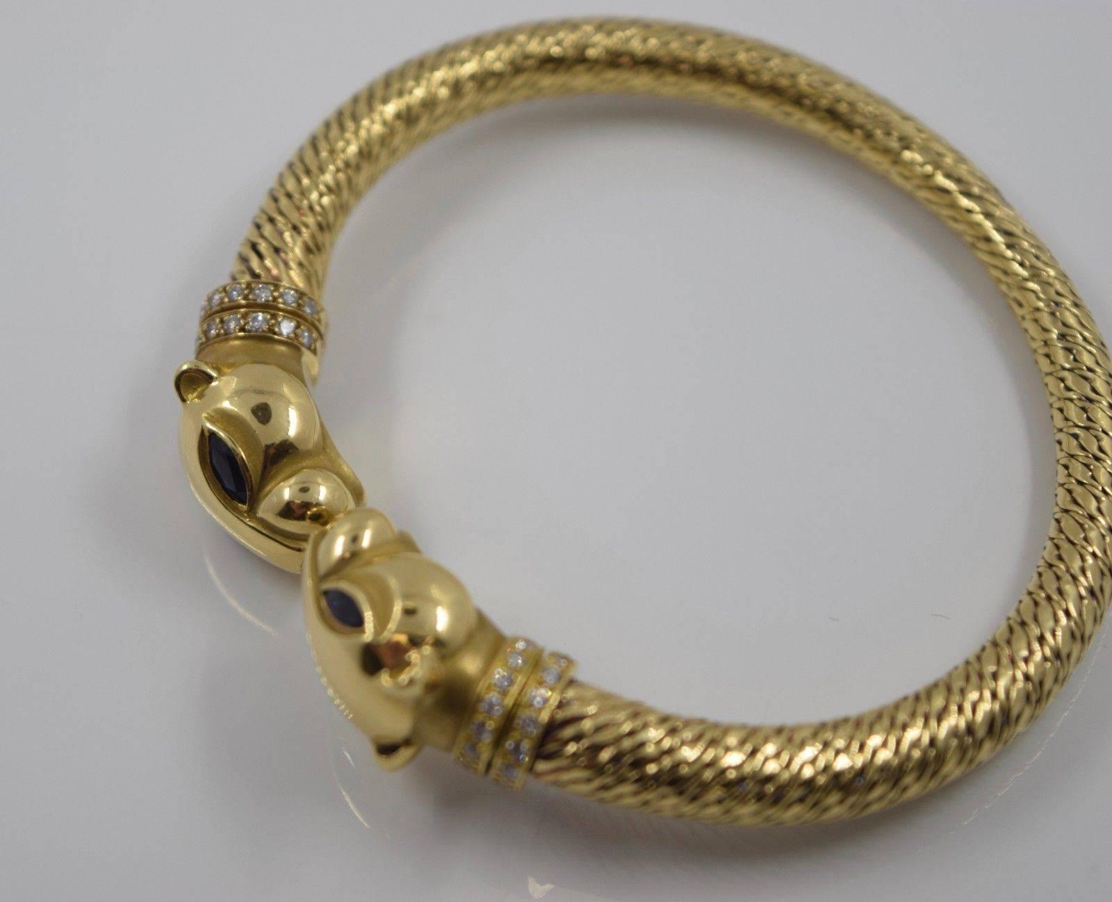 1970s Cartier Paris Sapphire Onyx Diamond Gold Panther Bracelet 2