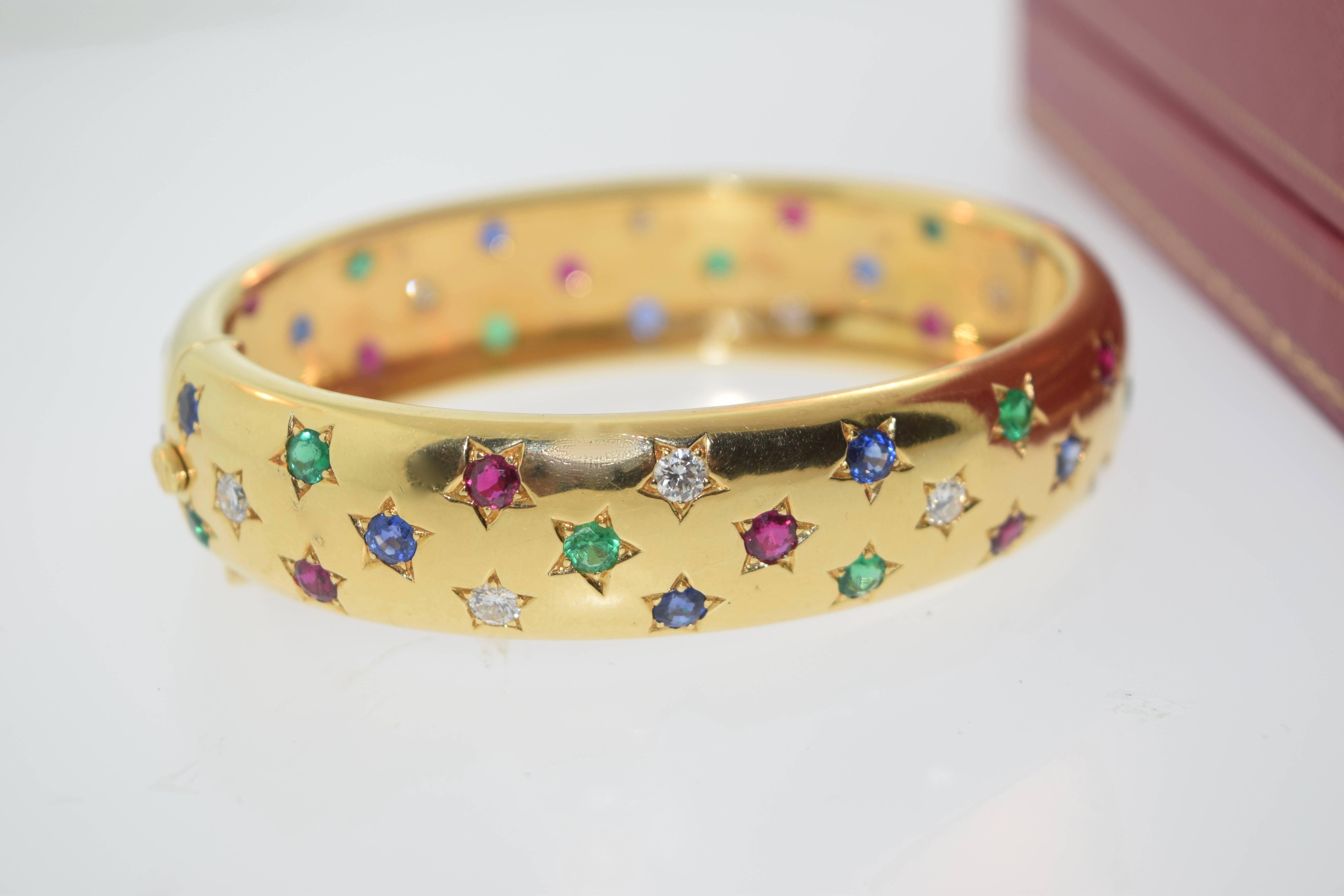 Cartier Emerald Sapphire Ruby Diamond Gold Star Setting Bangle Bracelet 3
