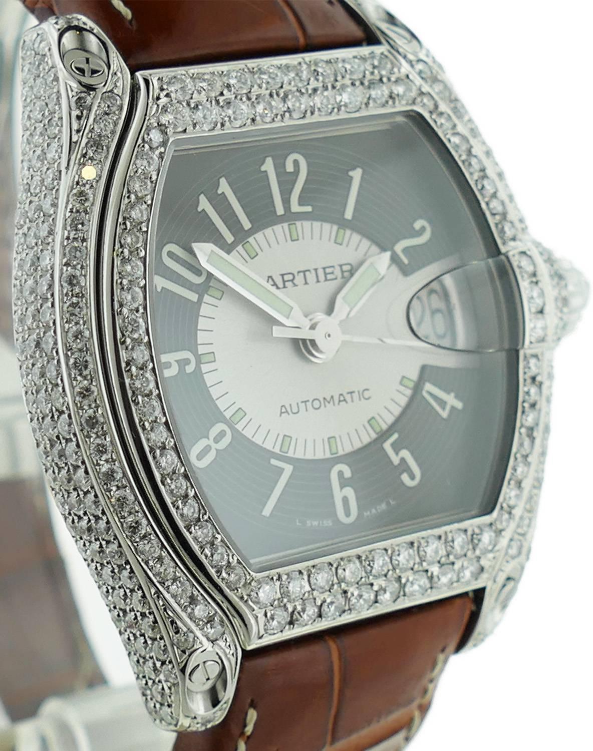 Mens Cartier Roadster Diamond Encrusted Stainless Steel Watch In Excellent Condition In Miami, FL