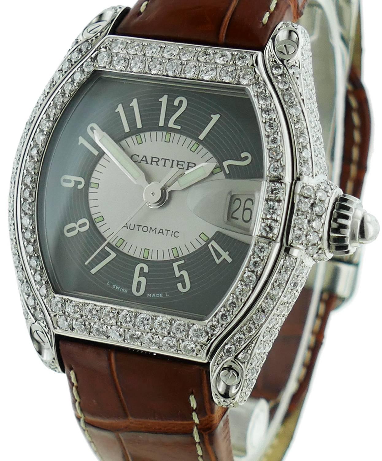 Mens 38mm Cartier Roadster Stainless Steel Watch W/ Good Quality Custom Set Diamonds All Over the Case. Watch Movement is Powered by Automatic Mechanical Winding.
