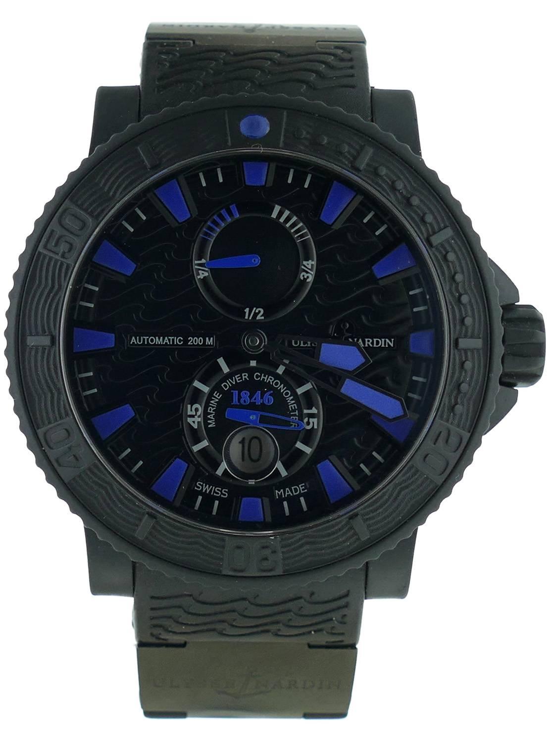 MENS (45mm) ULYSSE NARDIN MAXI MARINE DIVER BLACK SEA WATCH, REF 263-92-3C/923 , Retails $9900. The Watch is in Excellent Condition & Working Perfectly; Movement is Powered by Automatic Mechanical Winding. Included with the Watch are Its Box, Manual