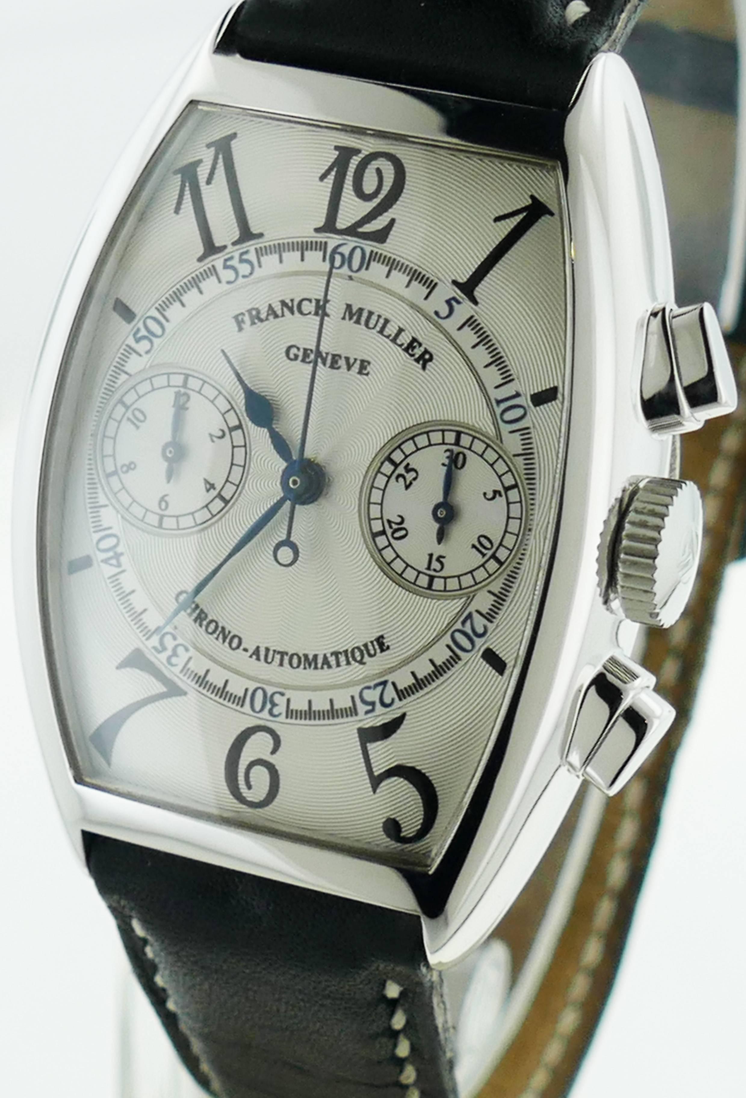 Mens (32x45mm) Franck Muller Ref 5850CCDF Casablanca Chronograph 18K White Gold Watch w/, Beautiful & Rare Skeleton Back. The Watch is Great Condition and Working Perfectly, Movement is Powered by Automatic Mechanical Winding. The Watch is on its