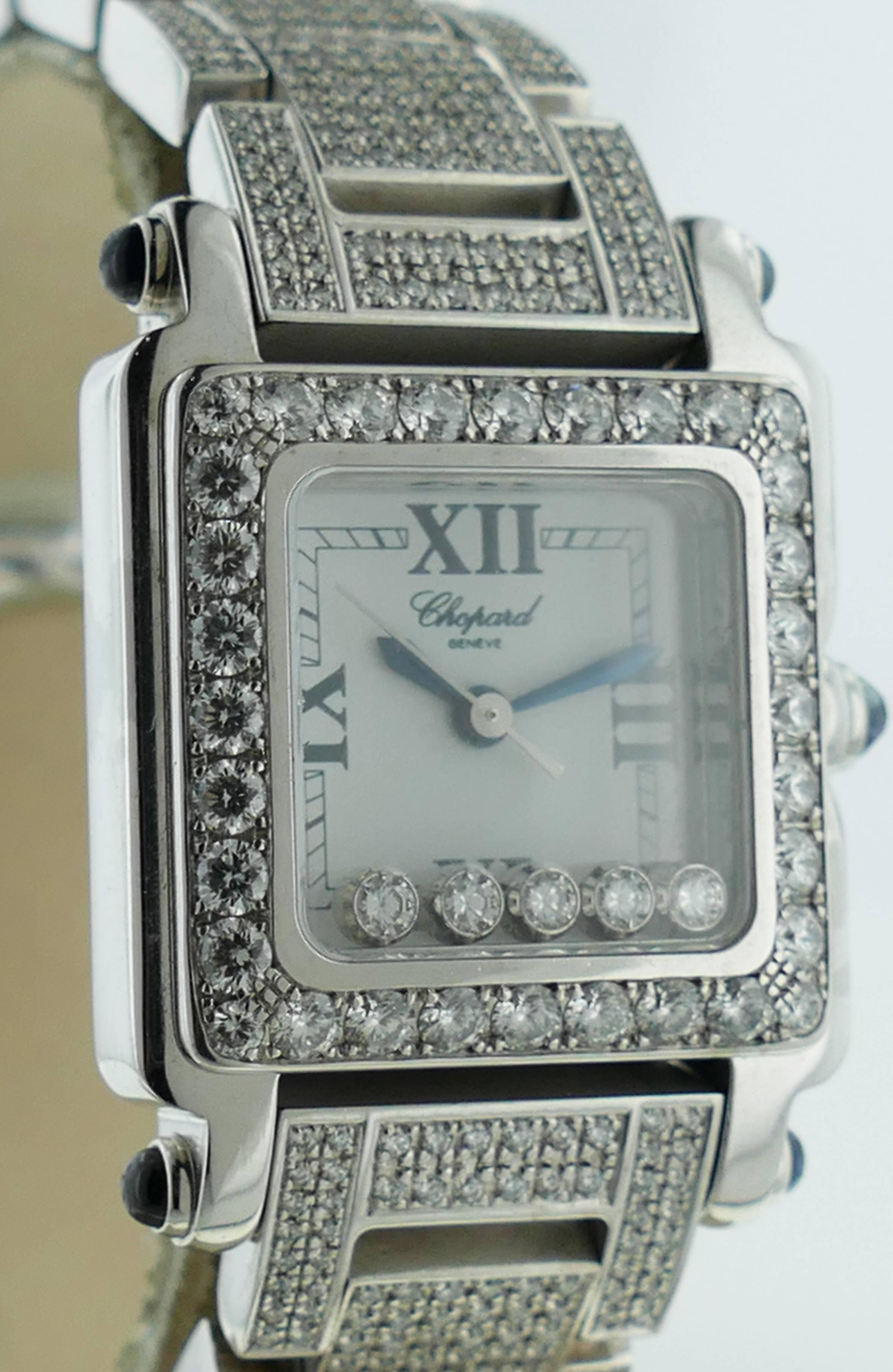  Ladies (23mm) Chopard Happy Sport Factory Diamond Stainless Steel Watch ref 27/8894/23-11 on a 18k White Gold Chopard Bracelet W/ Full Paved Diamonds (Aftermarket). The Watch Is in Good Condition & Keeping Great Time; Movement is Operated by