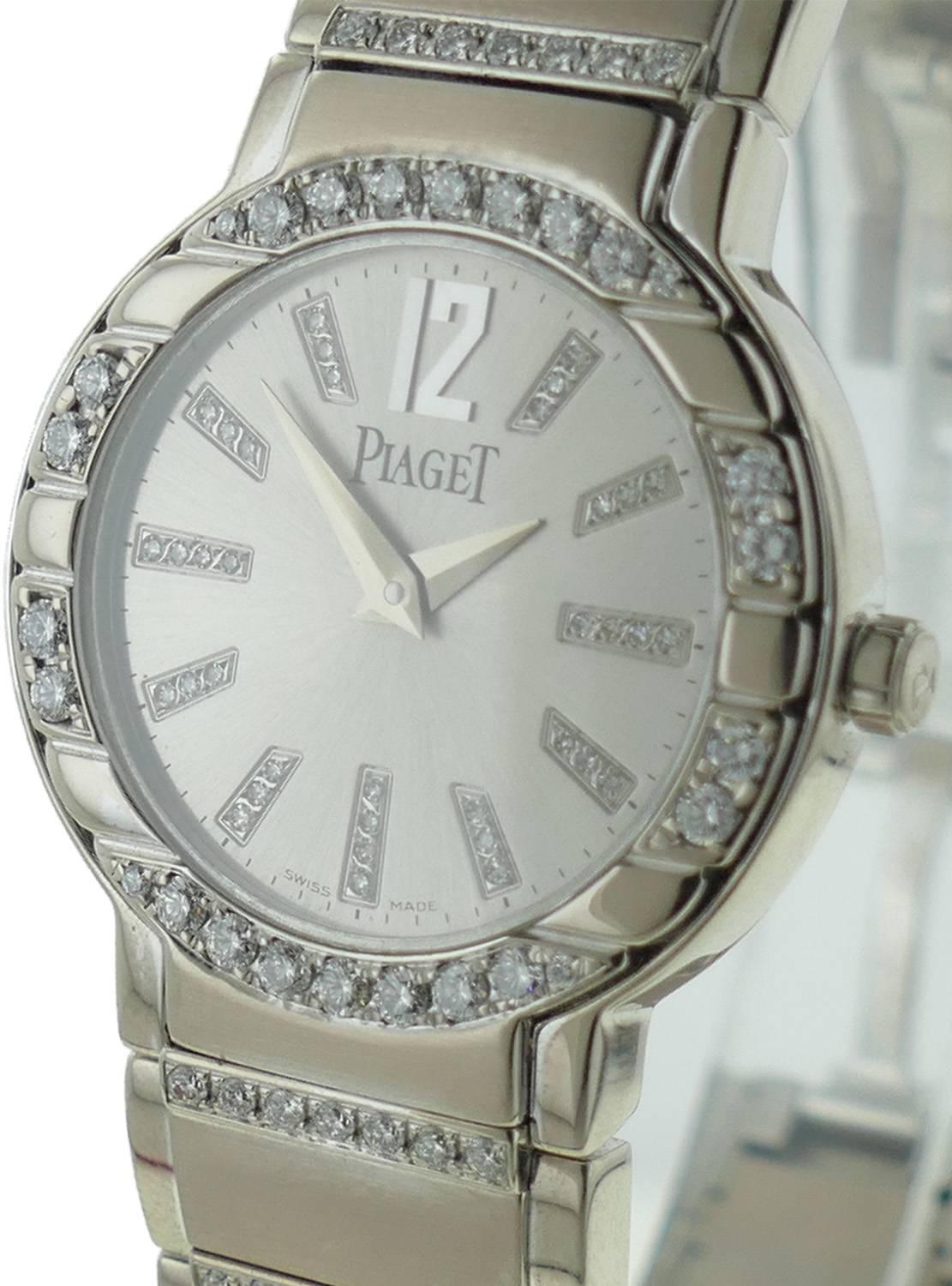Offered For Sale is a Ladies (32mm) Piaget Polo 18k White Gold Watch W/ Diamonds on the Bezel & Bracelet, Ref G0A36233, Retails $66,000. The Watch is in Excellent Condition & Working Perfectly; Movement is Battery Operated. The Watch Bracelet fits