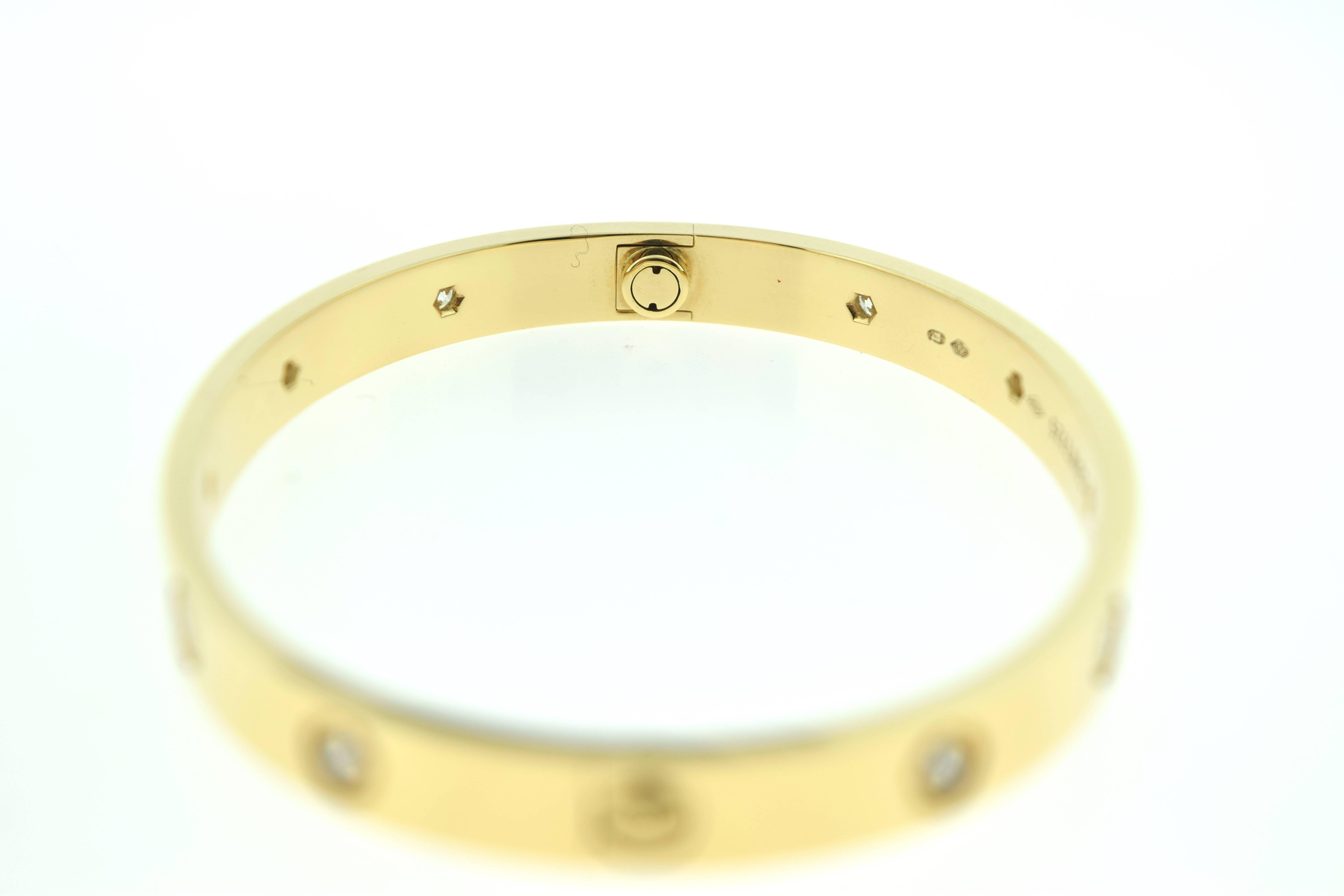 Cartier Yellow Gold Size 17 LOVE Bracelet, 10 Diamonds In Excellent Condition For Sale In Miami, FL