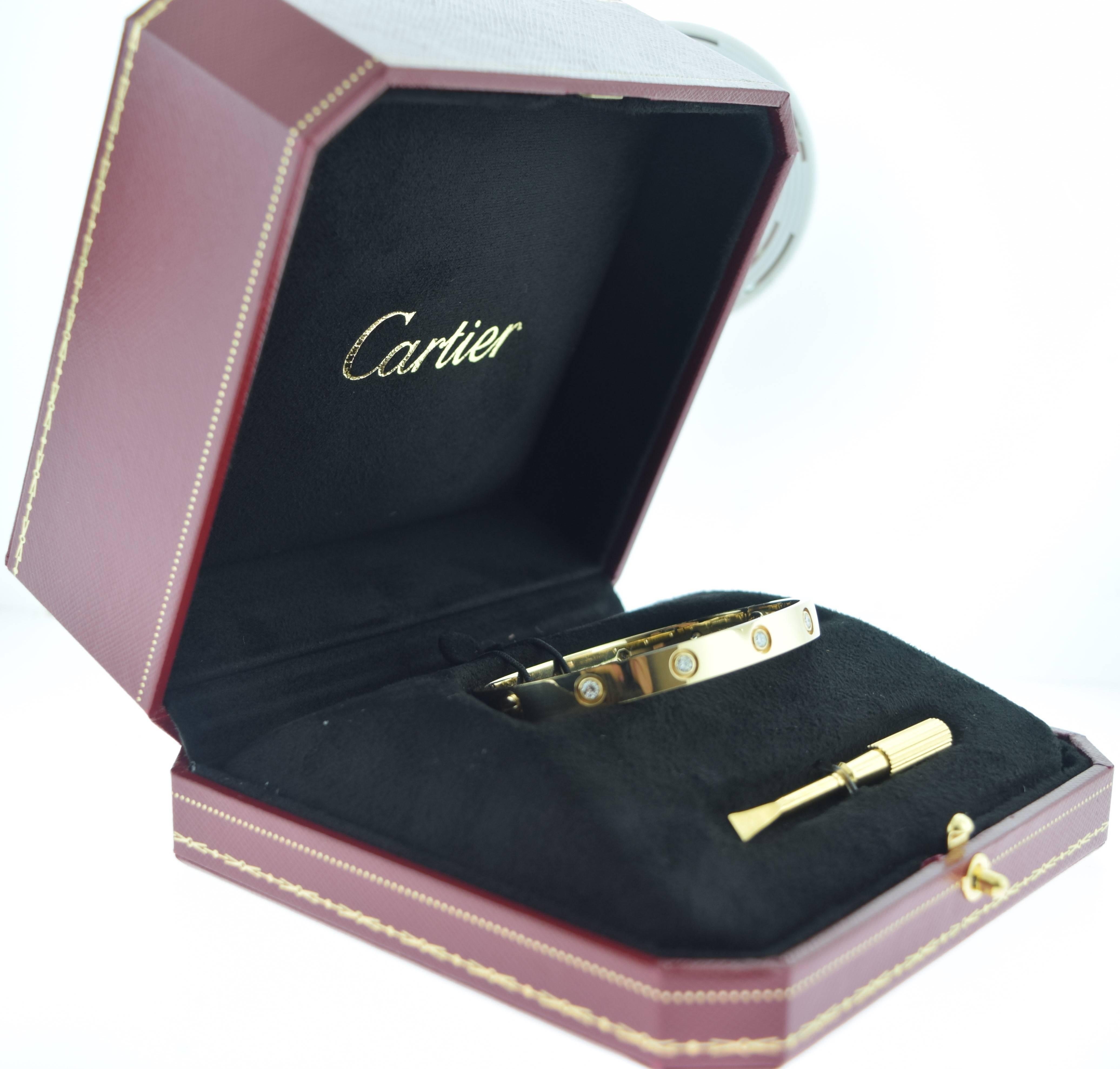 Cartier Yellow Gold Size 17 LOVE Bracelet, 10 Diamonds For Sale 1