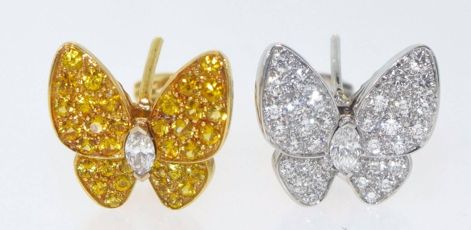 Metal: 18k Yellow Gold, 18k White Gold
Stones: Pave Round Yellow Sapphires with a Marquise-Shaped Diamond Center and Pave Round Diamonds with a marquise-shaped Diamond
Designer: Van Cleef & Arpels
Collection: Two Butterfly
Hallmark: VCA,