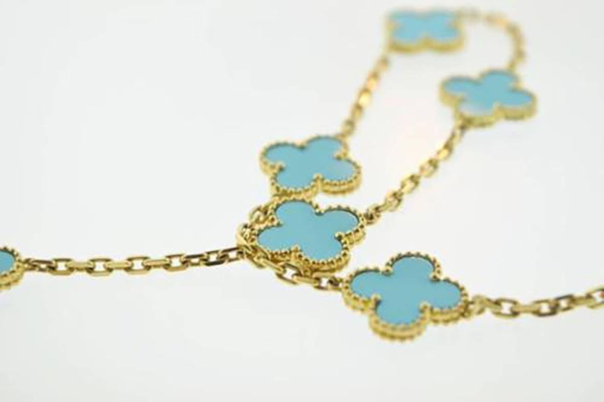 Van Cleef & Arpels Turquoise Alhambra 10 Motif Necklace For Sale 2