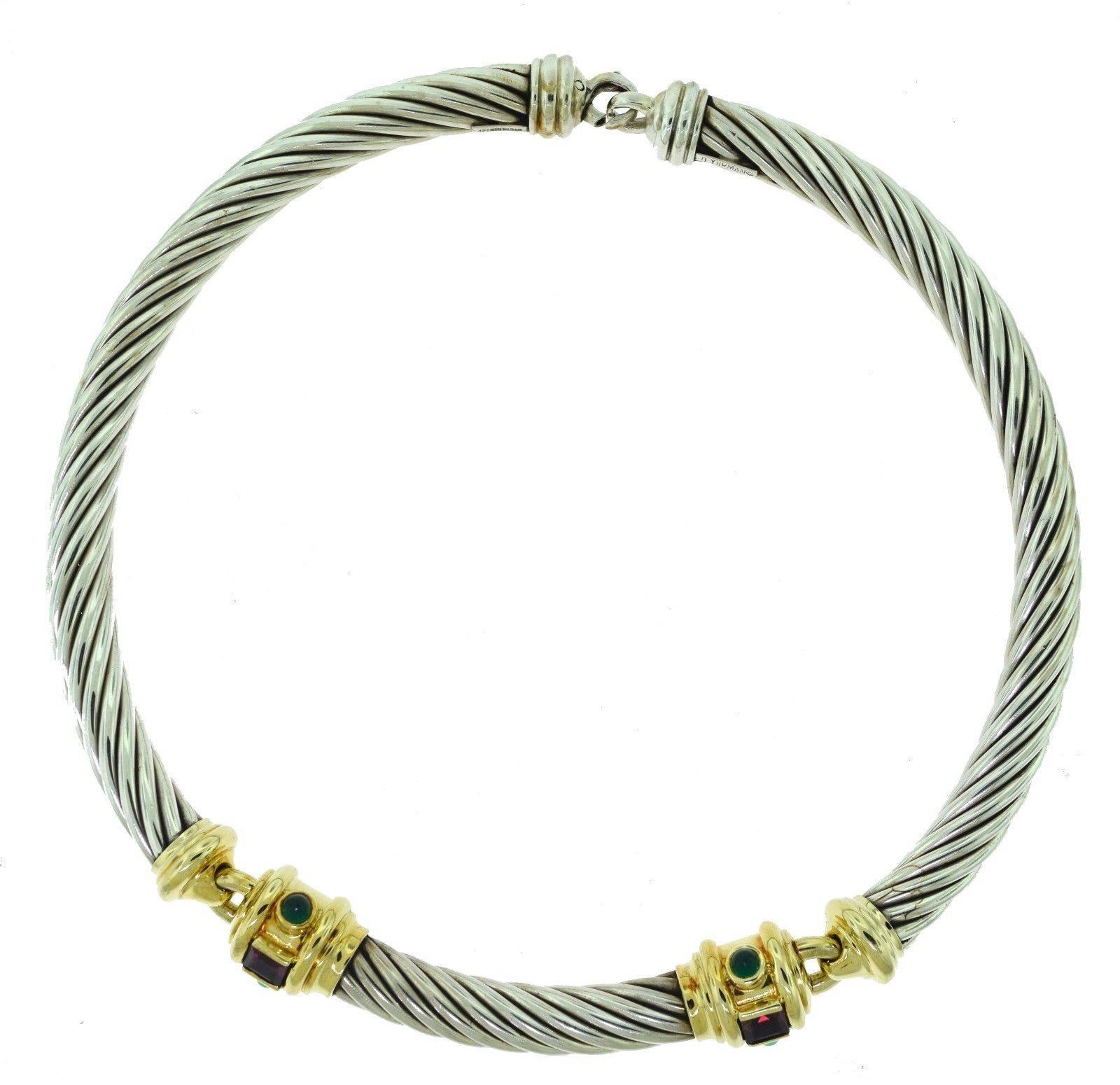 DESIGNER: David Yurman
COLLECTION: Cable
METAL: 14k Yellow Gold, Sterling Silver
STONES: Emerald, Rubellite
TOTAL ITEM WEIGHT (grams): 93.41
CABLE WIDTH: approx. 10 mm
SIZE: 15 - 17