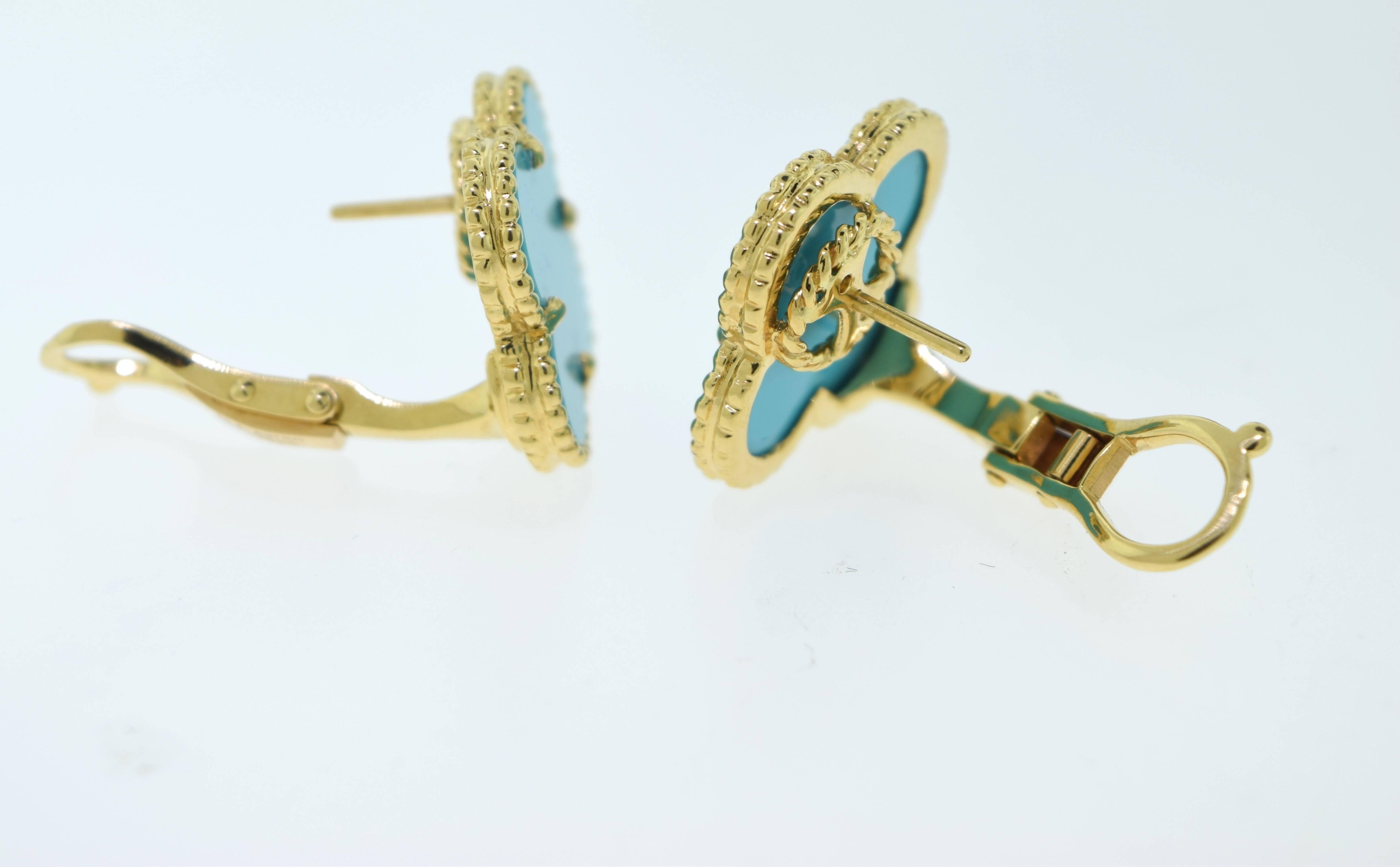 Van Cleef & Arpels Large Magic Alhambra Turquoise Yellow Gold Earrings w/ Papers In Excellent Condition In Miami, FL