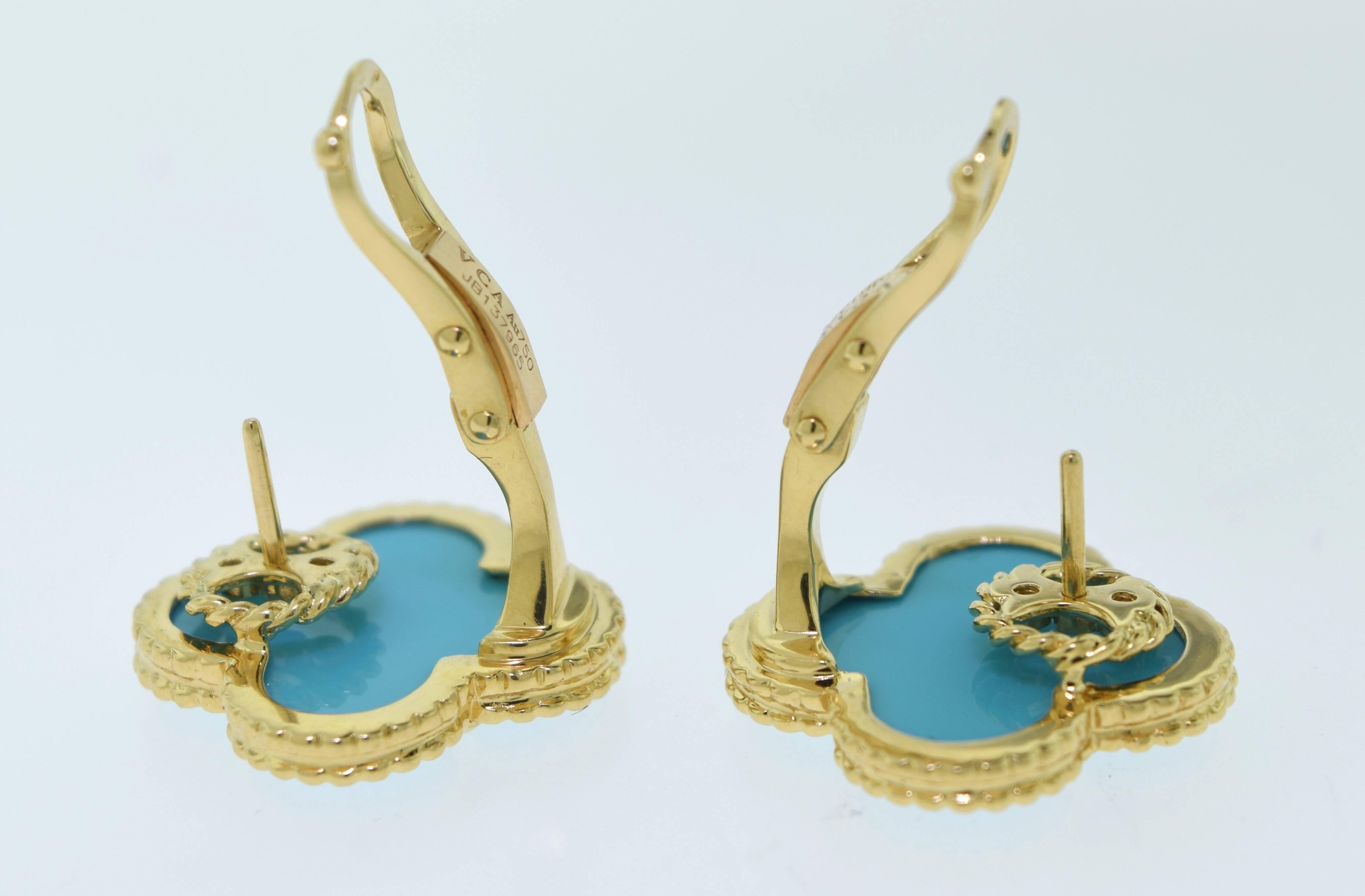 Women's or Men's Van Cleef & Arpels Large Magic Alhambra Turquoise Yellow Gold Earrings w/ Papers