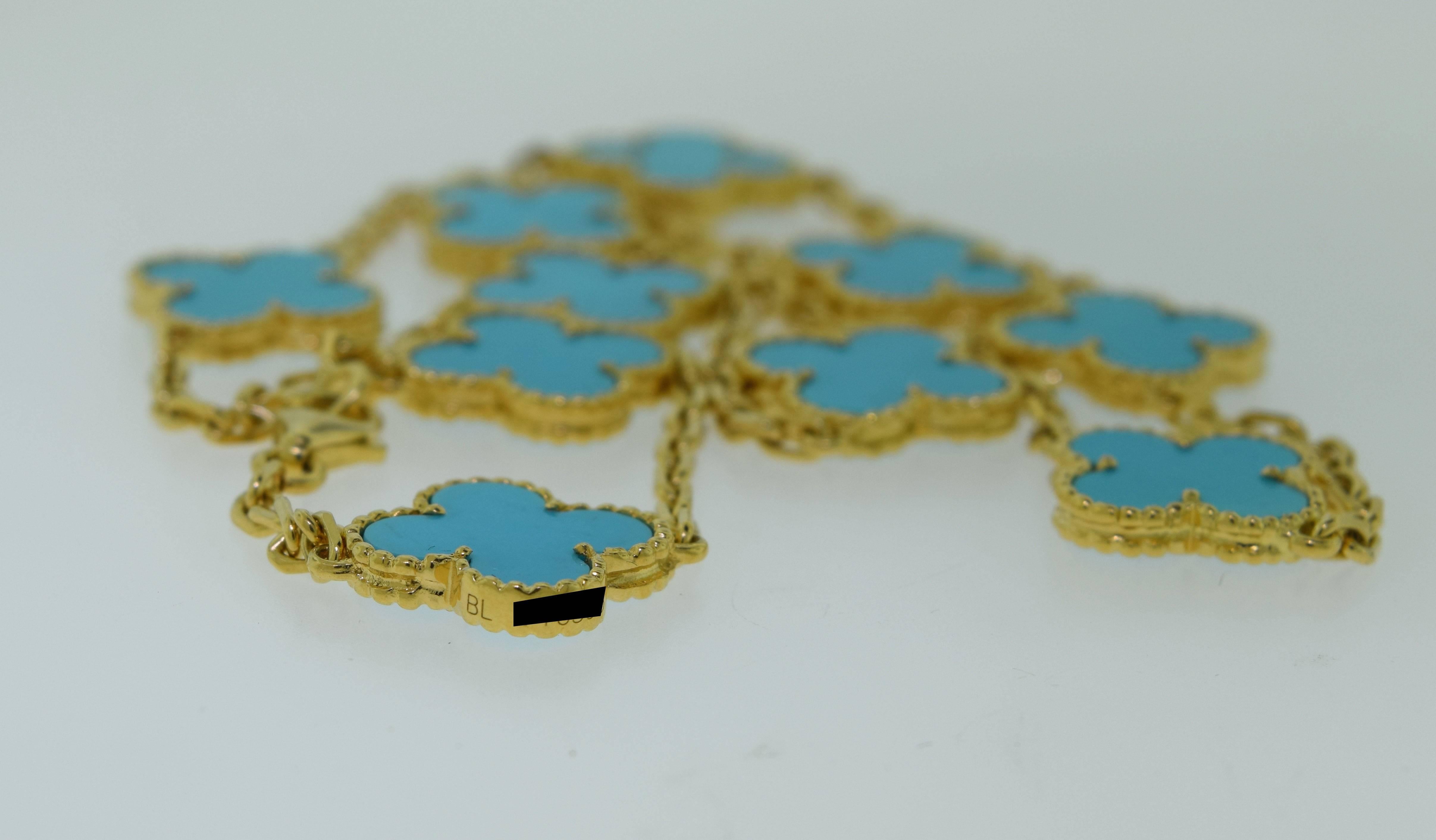 Women's or Men's Van Cleef & Arpels Vintage Alhambra Yellow Gold Turquoise 10 Motif Necklace