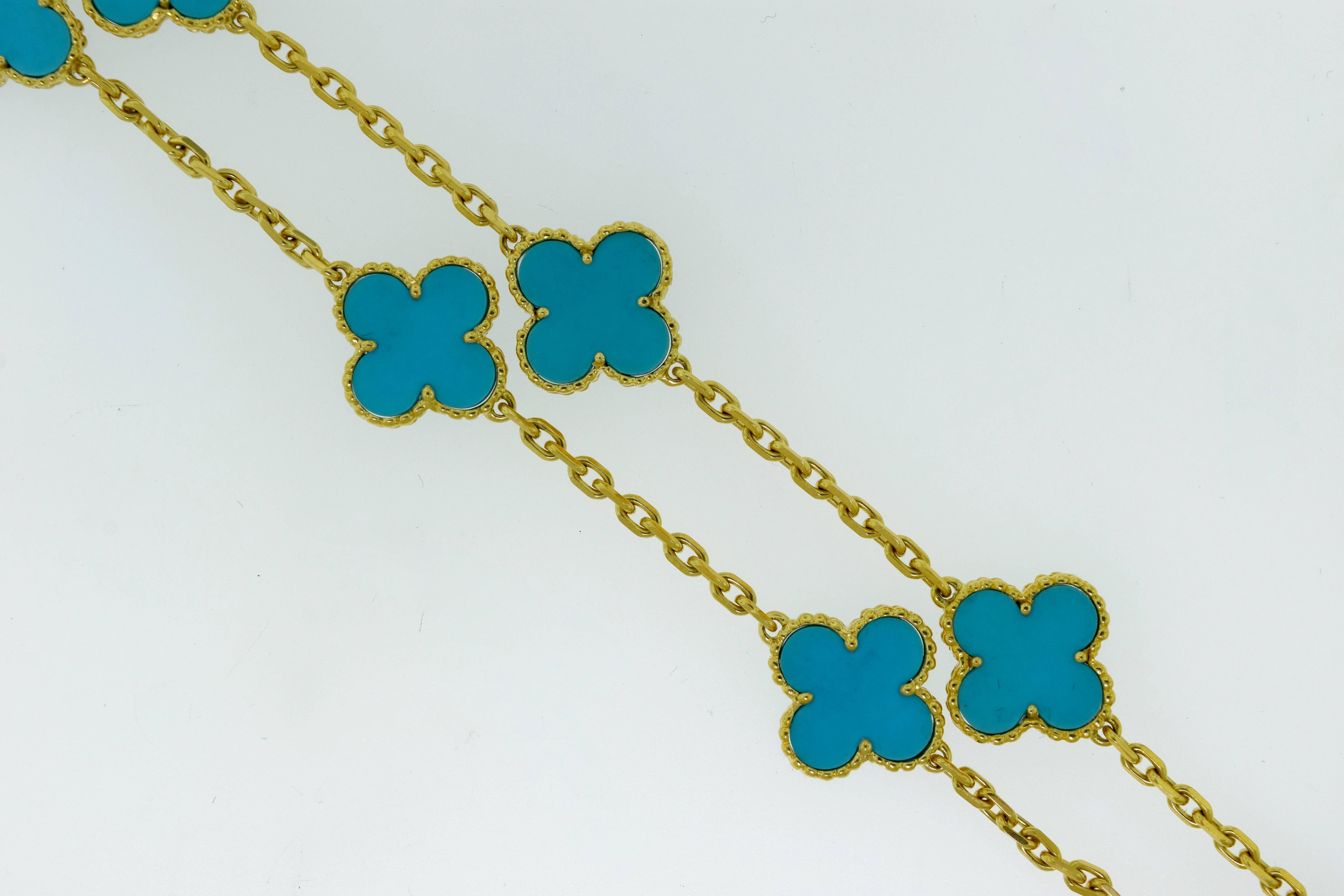 with Papers.

Designer: Van Cleef & Arpels
Collection: Vintage Alhambra
Metal: 18k Yellow Gold
Stones: Turquoise
Total Item Weight (grams): 21.26
Length: approx 16.75