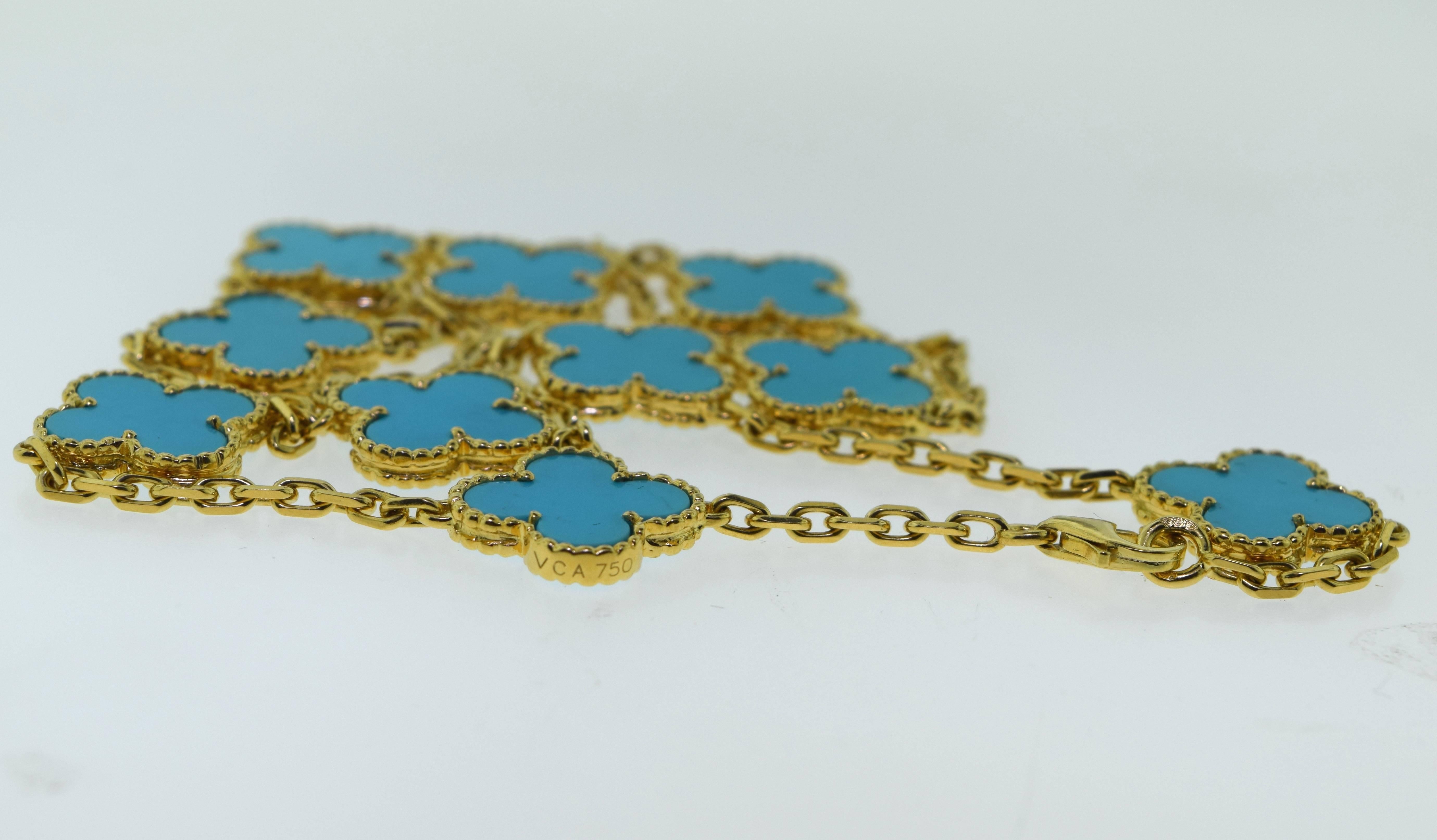 Van Cleef & Arpels Vintage Alhambra Yellow Gold Turquoise 10 Motif Necklace In Excellent Condition In Miami, FL