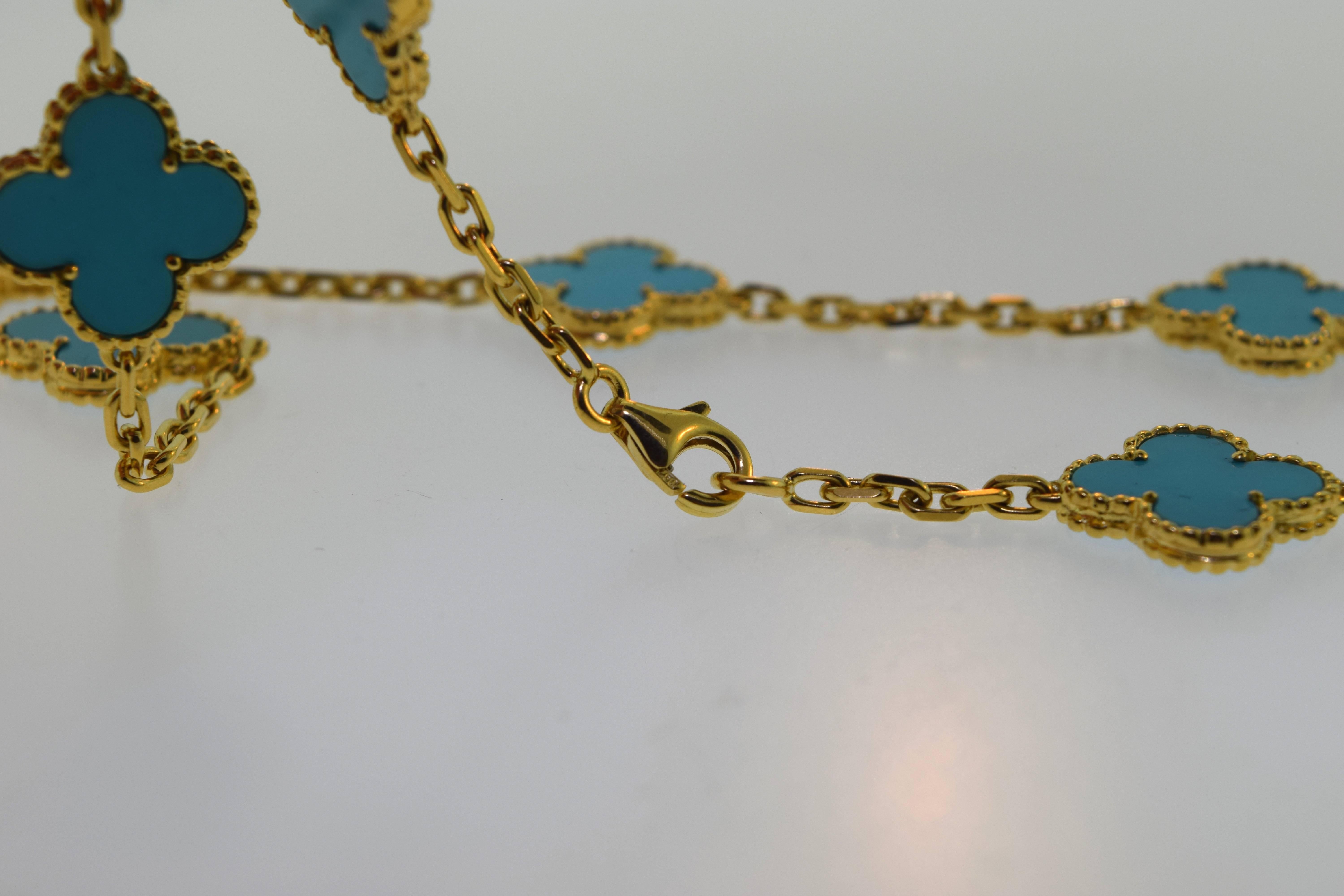Van Cleef & Arpels Vintage Alhambra Yellow Gold Turquoise 10 Motif Necklace 1