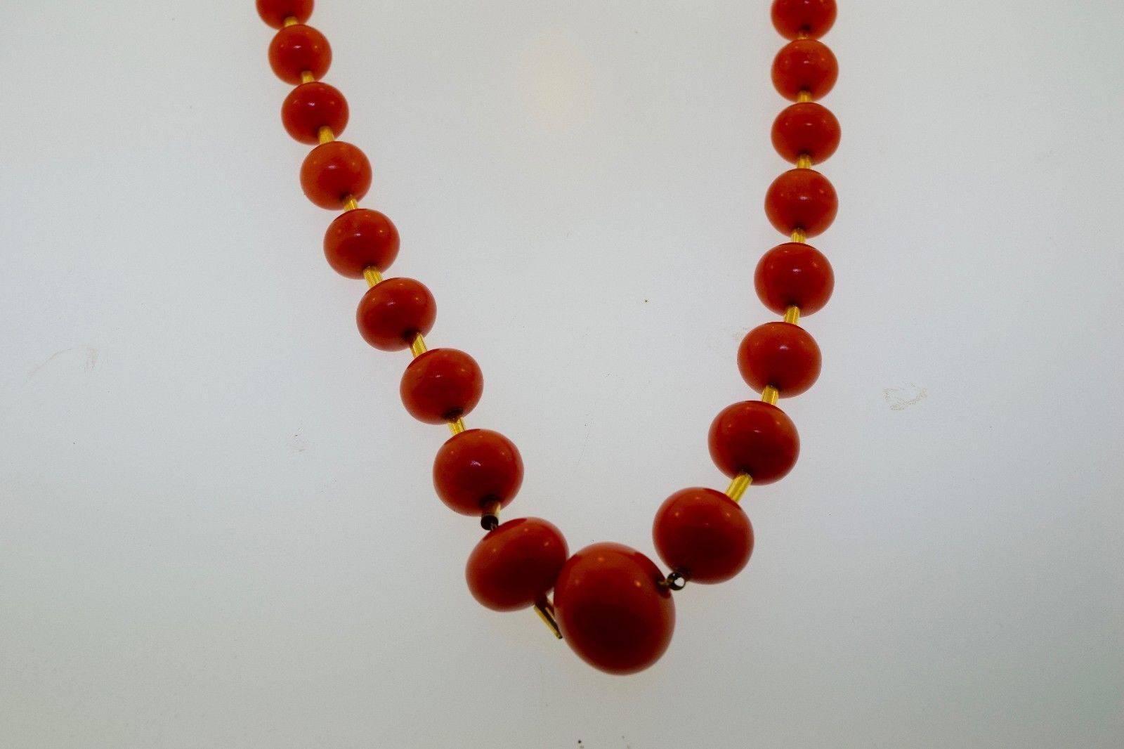 Women's or Men's Red Coral Yellow Gold Long Chain Bead Necklace For Sale