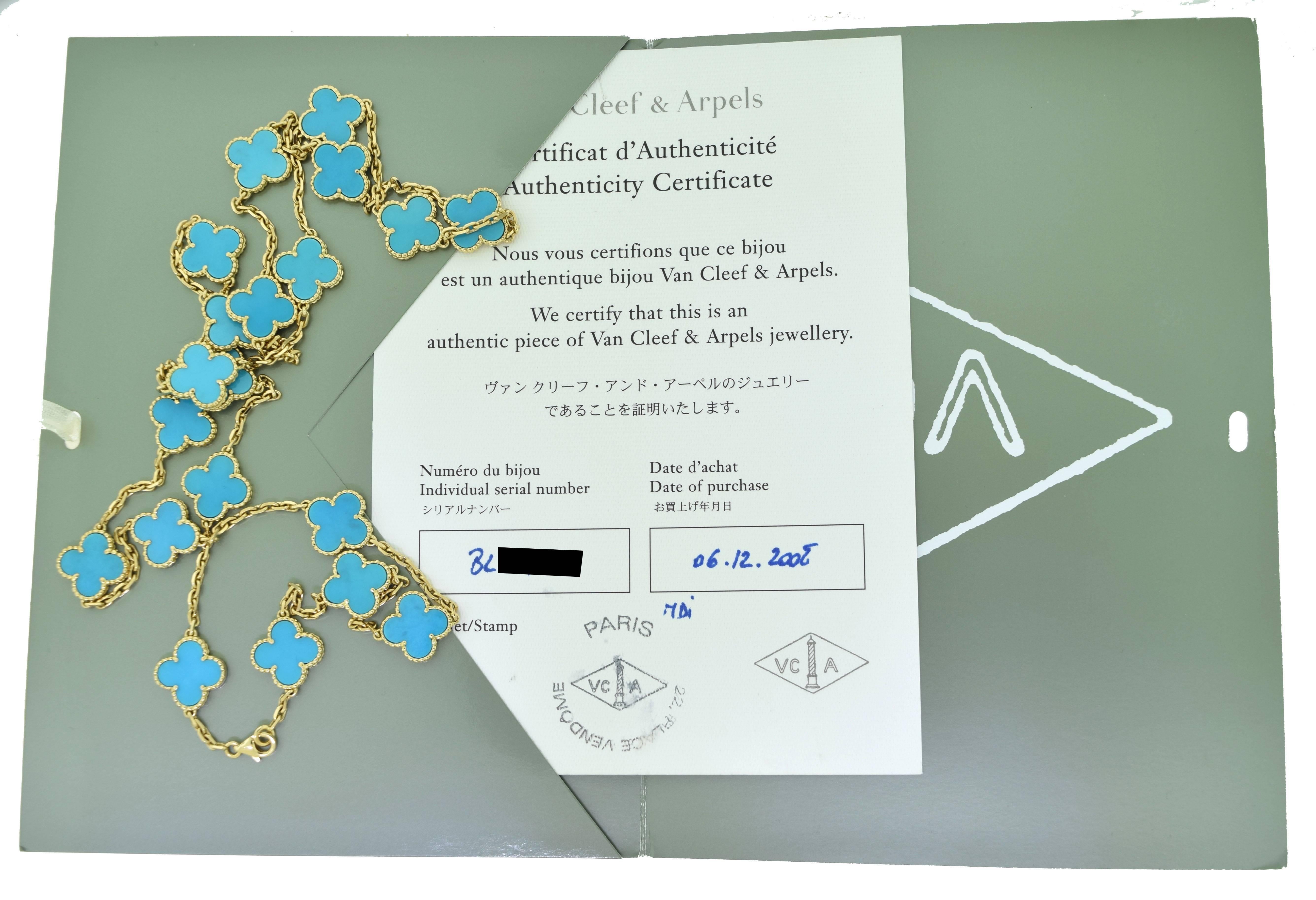 Designer: Van Cleef & Arpels
Collection: Vintage Alhambra
Metal: 18k Yellow Gold
Stone: Turquoise
Length: 33 inches
Signature: VCA
