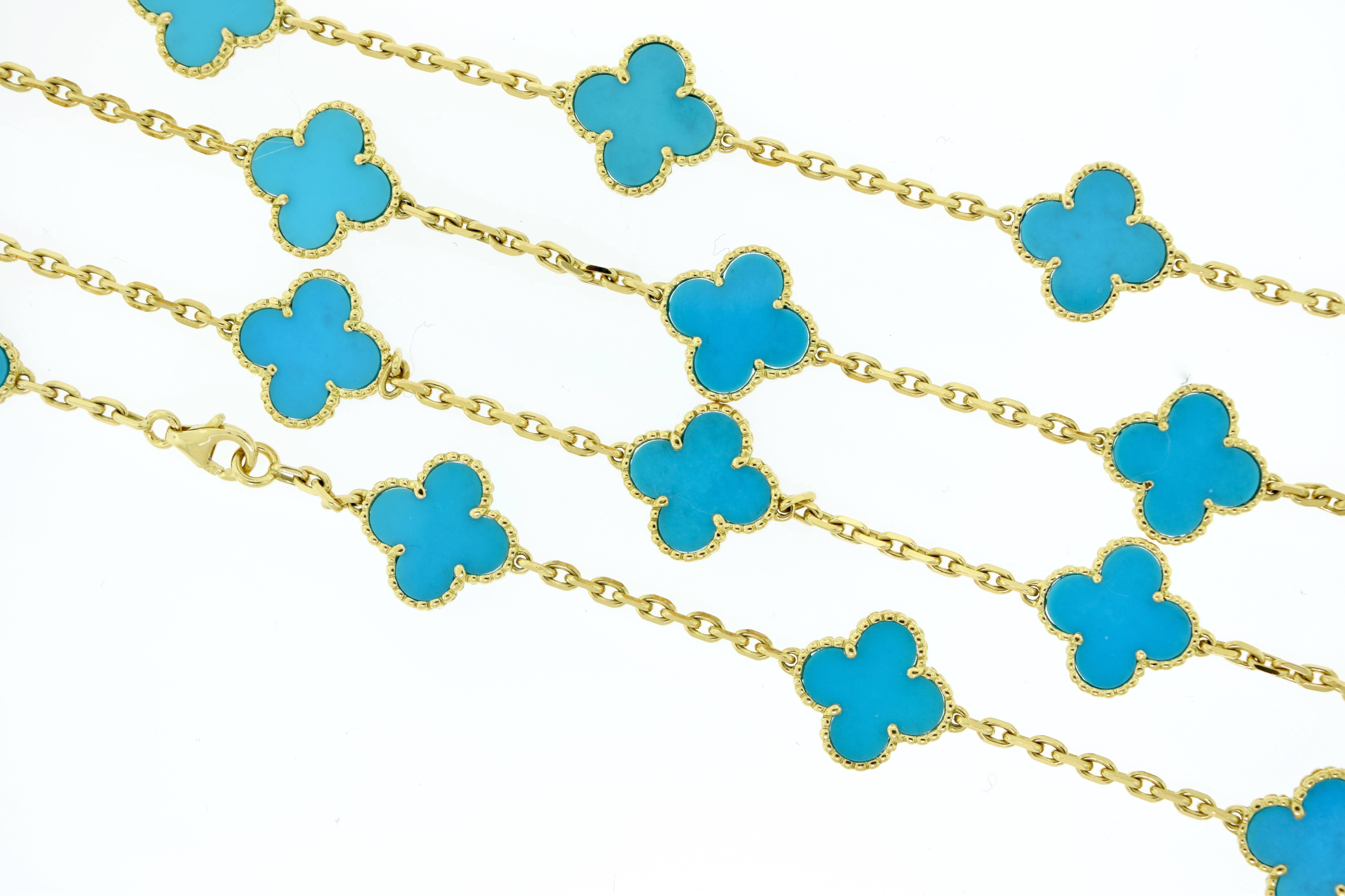 Van Cleef & Arpels Yellow Gold Turquoise 20 Motif Vintage Alhambra Necklace For Sale 1