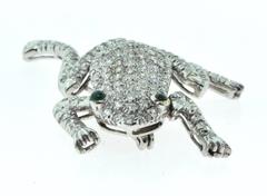 Diamond Frog Brooch Pin with Emerald Eyes