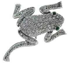 Diamond Frog Brooch Pin with Emerald Eyes