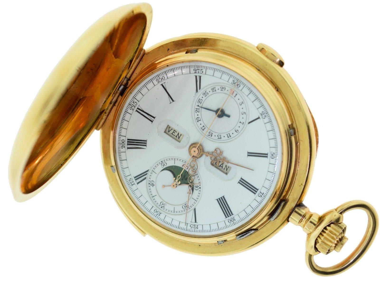 Vintage Swiss 18k Yellow Gold Quarter Repeater Pocket Watch In Excellent Condition For Sale In Miami, FL