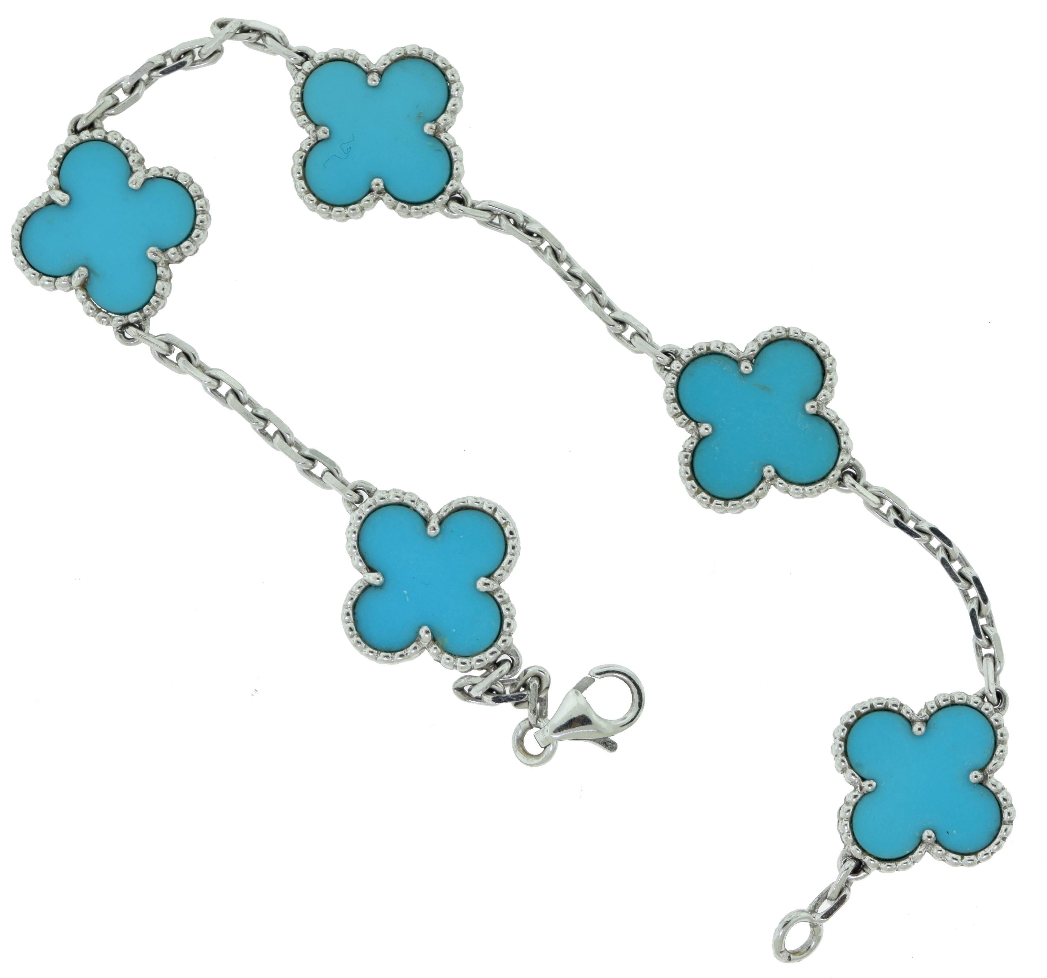 Designer: Van Cleef & Arpels
Collection: Vintage Alhambra
Metal: White Gold
Metal Purity: 18k
Stone: Turquoise
Length: 7.5 inches
Signature: VCA
Hallmark: 750 Serial Number (blocked for privacy)
