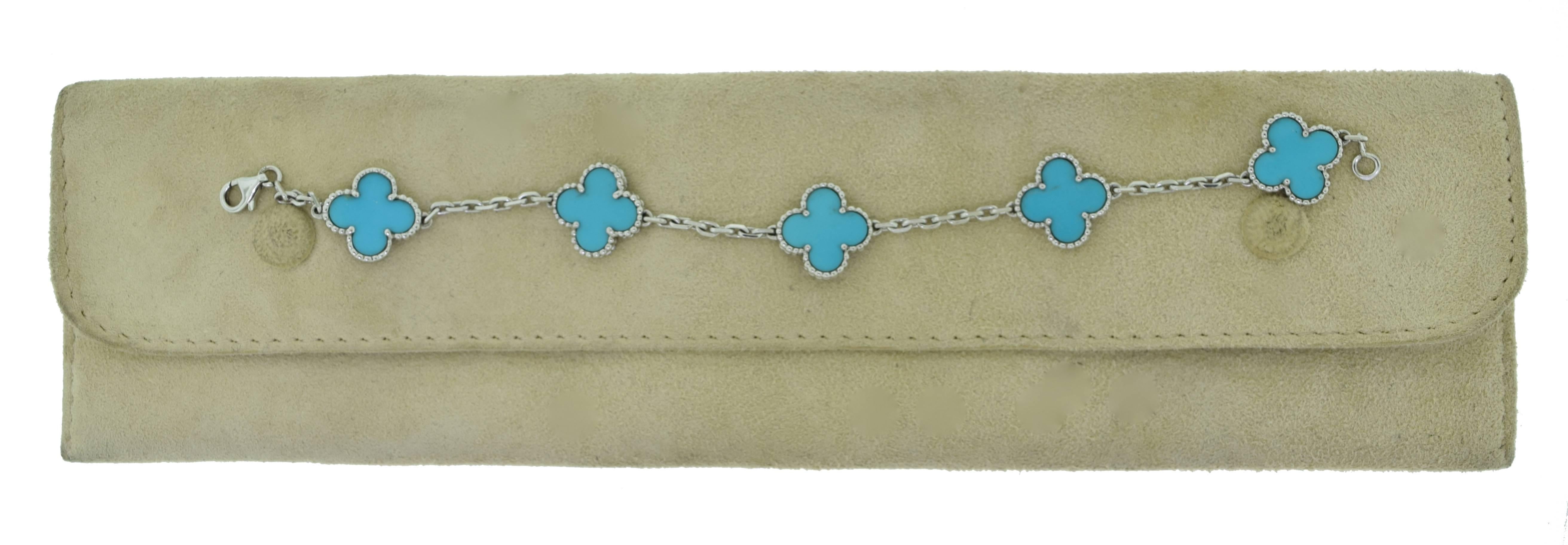 Women's or Men's Van Cleef & Arpels Turquoise White Gold Vintage Alhambra 5 Motif Bracelet For Sale