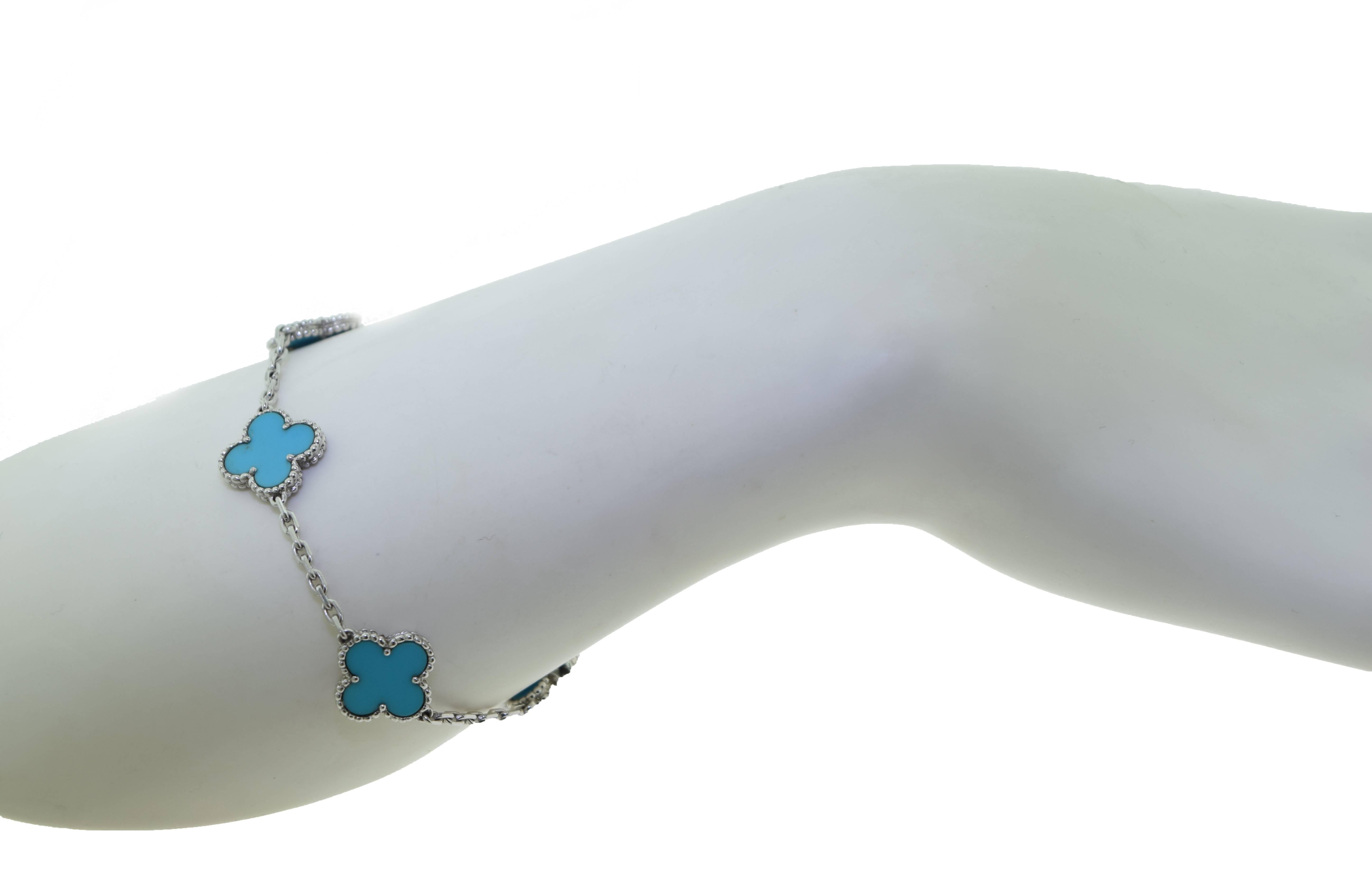 Van Cleef & Arpels Turquoise White Gold Vintage Alhambra 5 Motif Bracelet For Sale 1