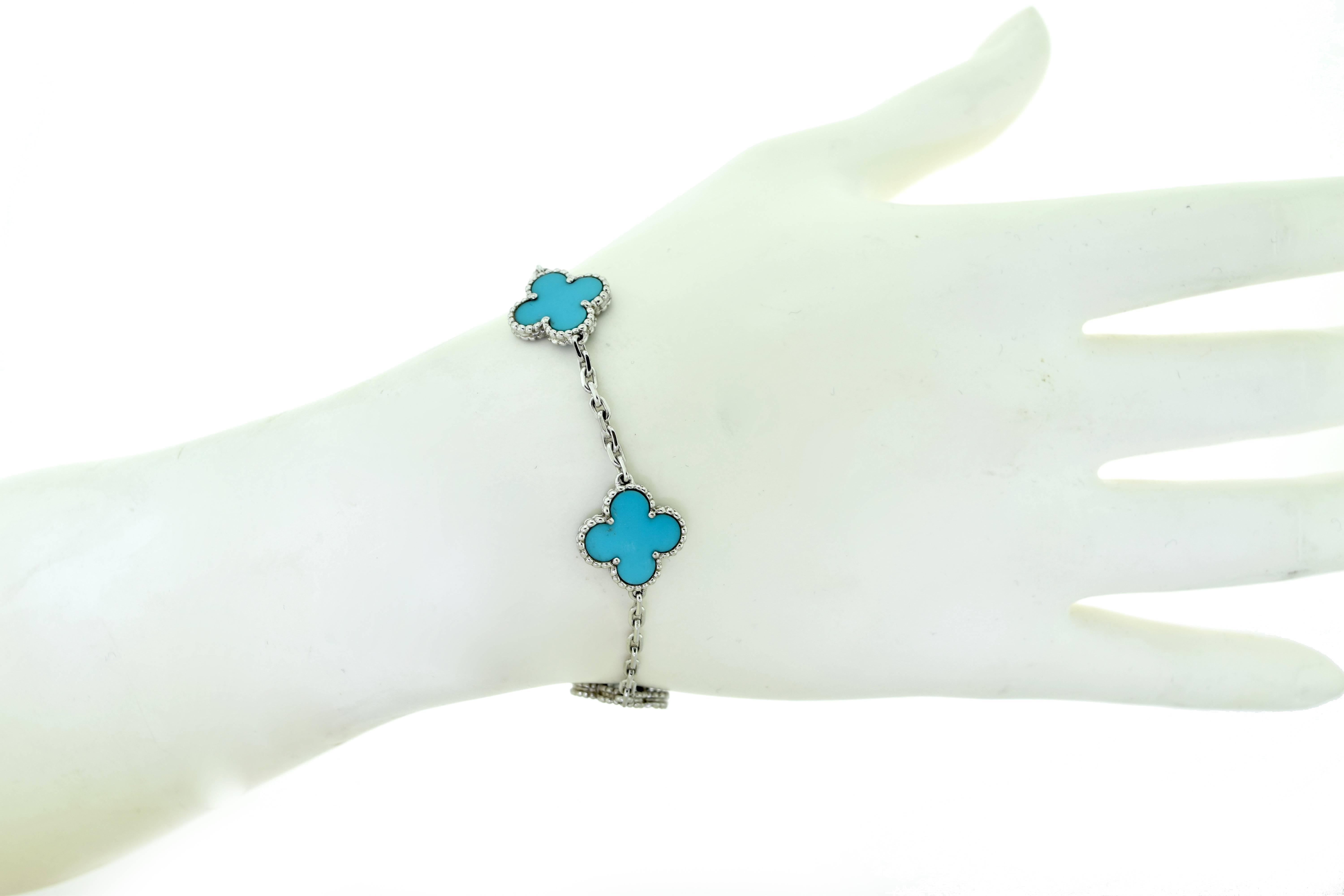 Van Cleef & Arpels Turquoise White Gold Vintage Alhambra 5 Motif Bracelet For Sale 2
