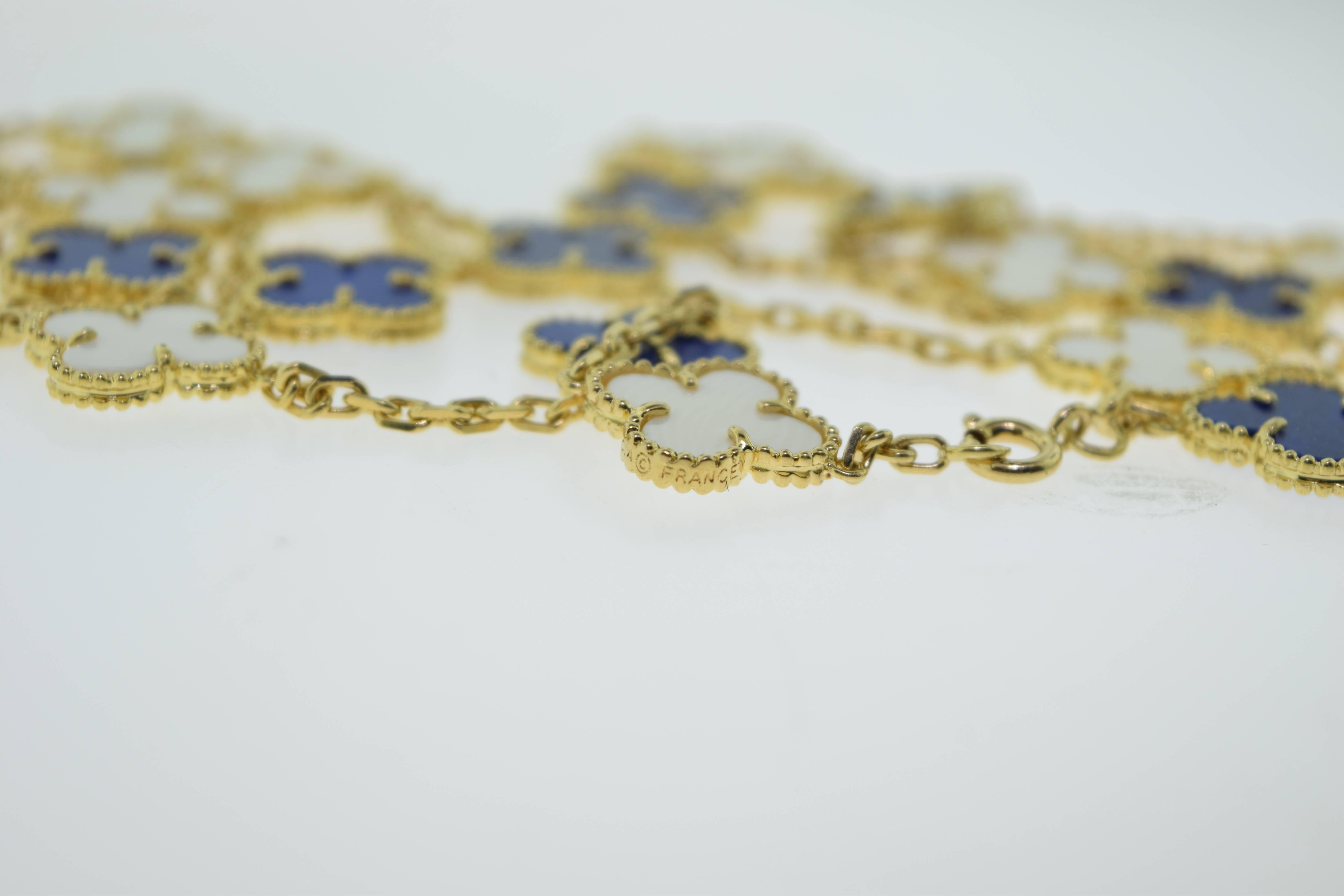 Van Cleef & Arpels Alhambra Lapis Lazuli & White Coral 20 Motif Necklace In Excellent Condition For Sale In Miami, FL