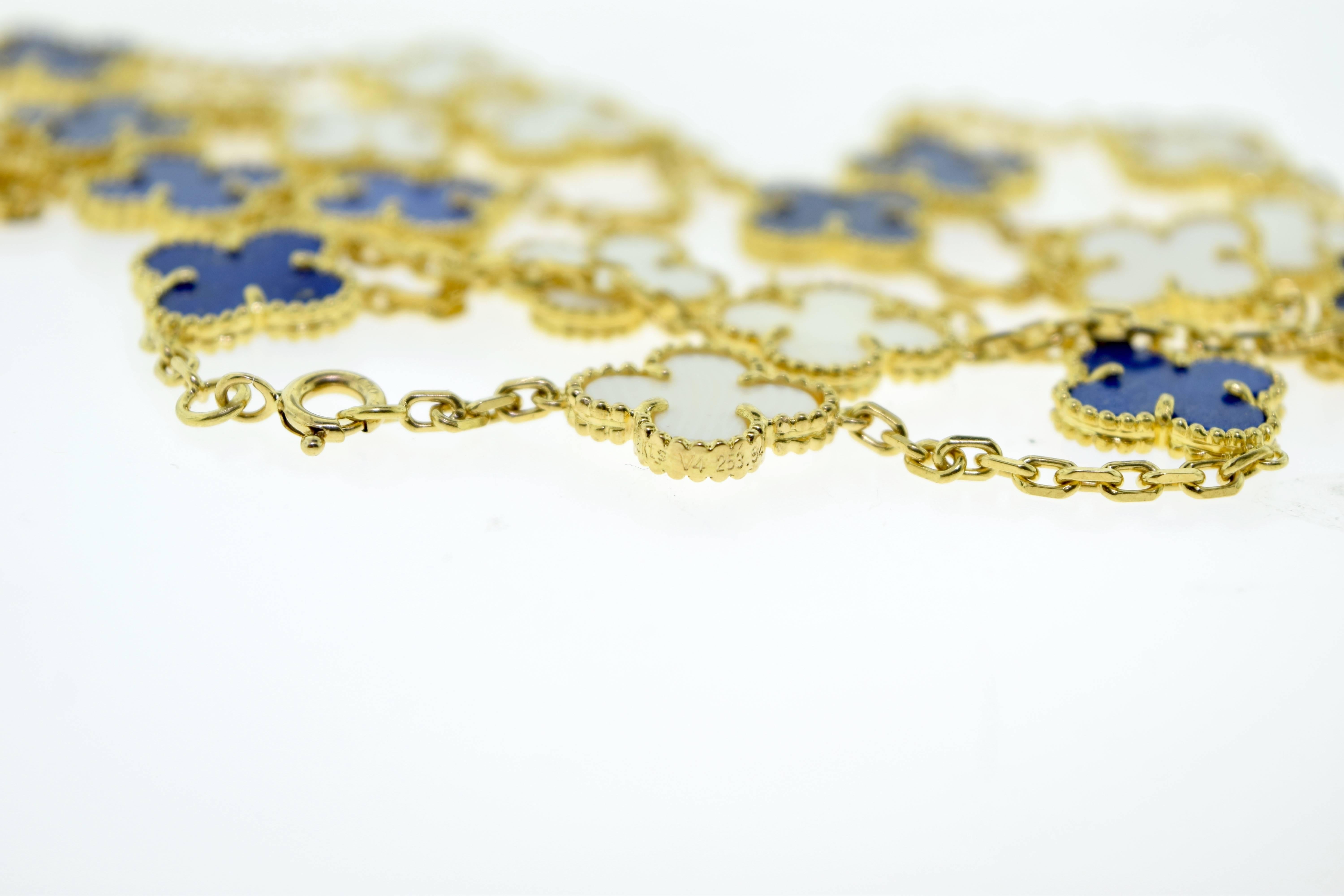 Van Cleef & Arpels Alhambra Lapis Lazuli & White Coral 20 Motif Necklace For Sale 1