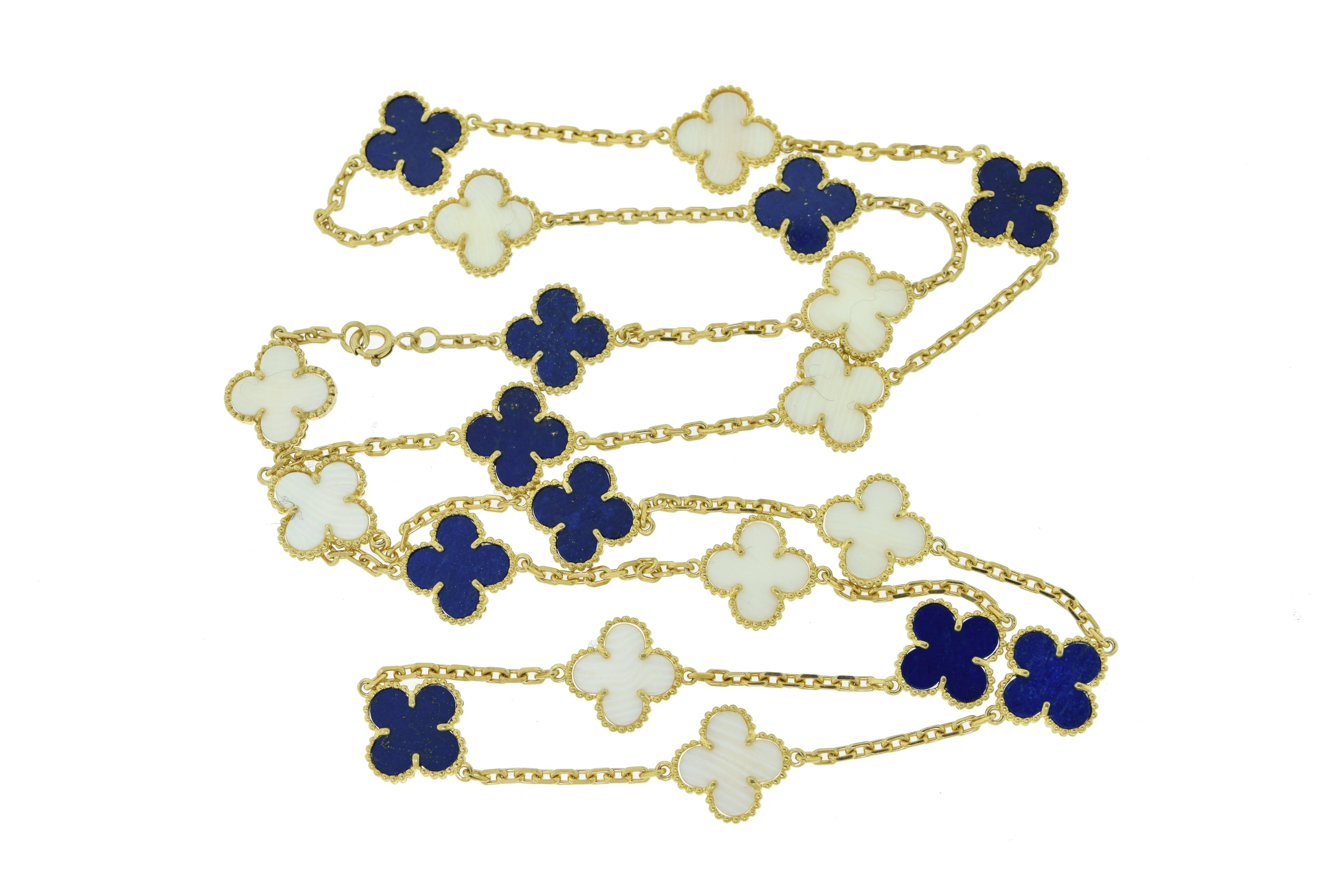 Designer: Van Cleef & Arpels
Collection: Alhambra
Stones: Lapis Lazuli, White Coral
Metal: Yellow Gold
Metal Purity: 18k
Total Item Weight (grams): 43.2
Length: 32 inches